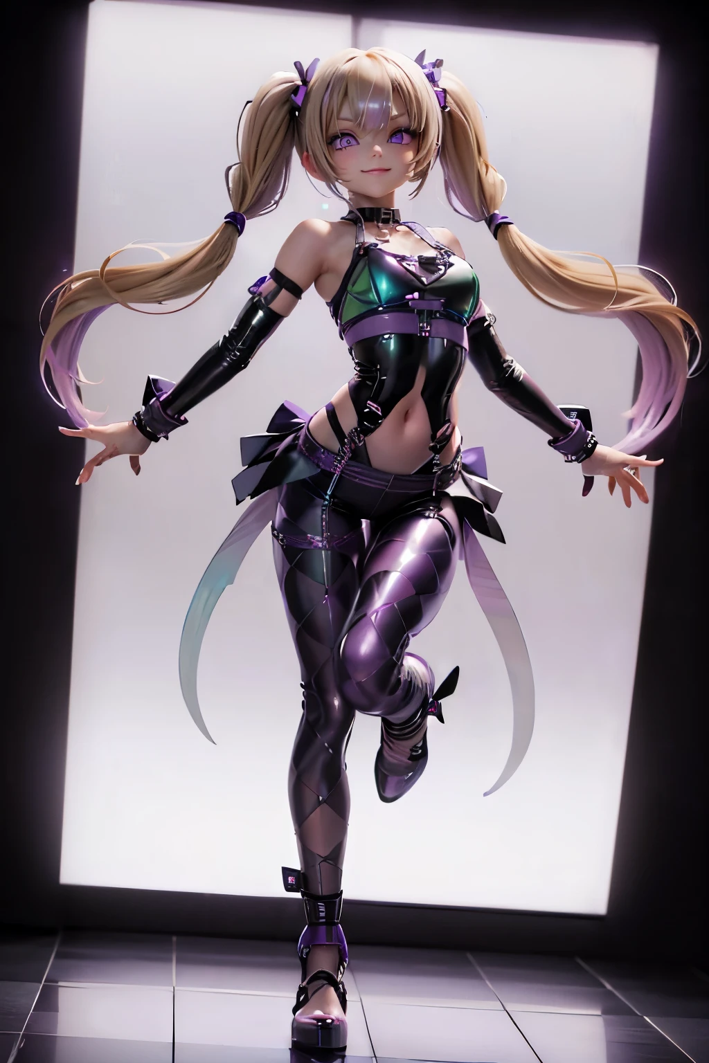 (1 beautiful woman), (22 years old), (glossy blonde short hair), (twin tails with only purple tips:1.25),(Shoulder-length twin tails), (Only both tips of the twin tails are purple: 1.2),  diagonal bangs, (narrow eyes:1.25), (half closed eyes:1.1), (tsurime:1.3), (shining purple eyes:1.1), smile, standing, (glossy dark green bondage tops:1.25), (Checkered Chest decoration in flashy iridescent colors:1.25), (Checkered Chest decoration:1.23), (leather Clothes),  (choker), (wearing long pants:1.25), (ultra-futuristic heels), ((full body)), aerial shot, (face focus:1.1),  ((light white Background)), ((masterpiece)), ((high resolution))