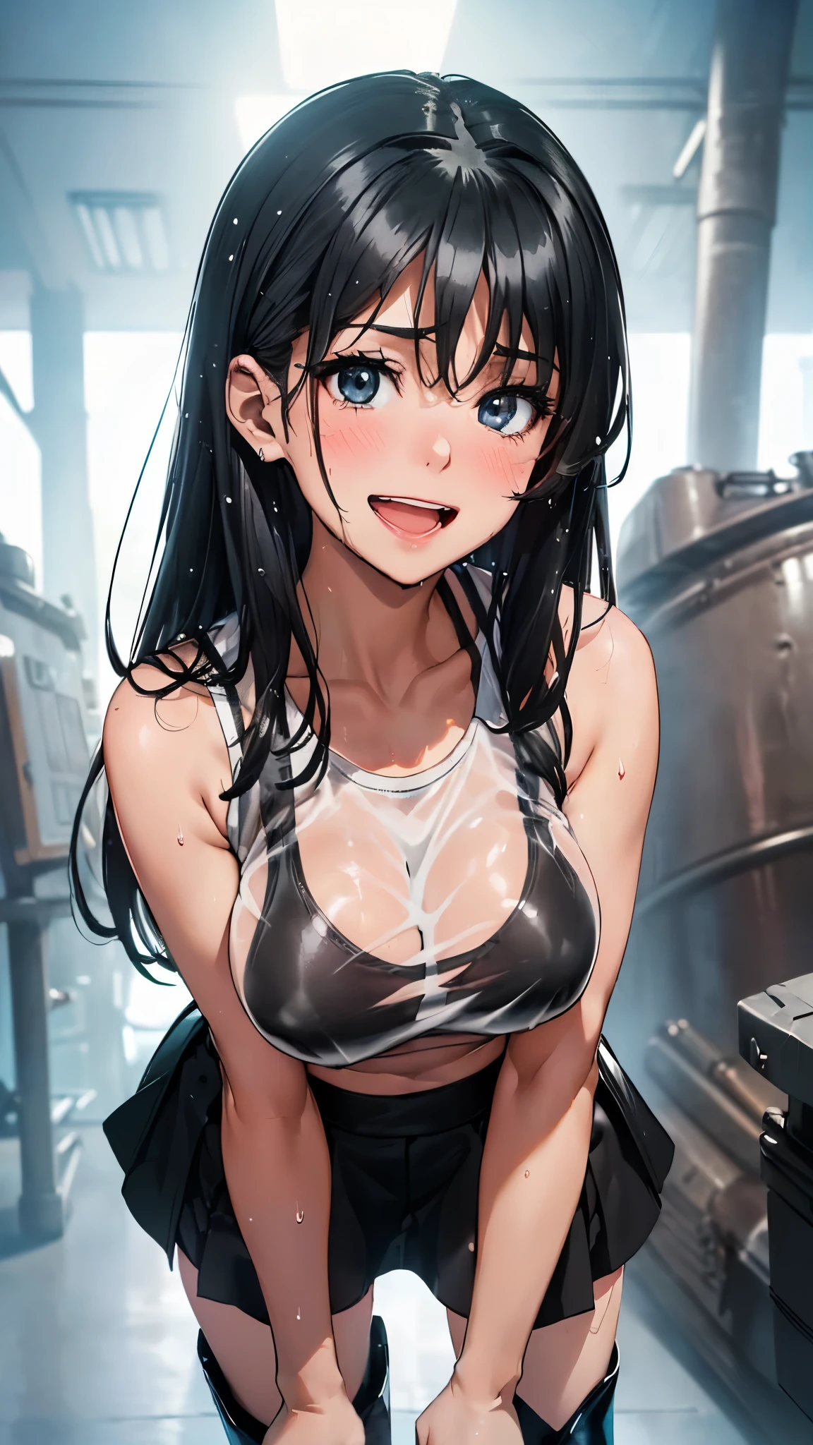 1 female,black hair,25 years old,(((blue shiny micro tight skirt)))((white tank top))(((blush、open mouth smile)),(((straight hair))),(((portrait))),crowd,,(wet with sweat)((sexy black bra and see-through tank top))(leather thigh high boots)(((big breasts)))