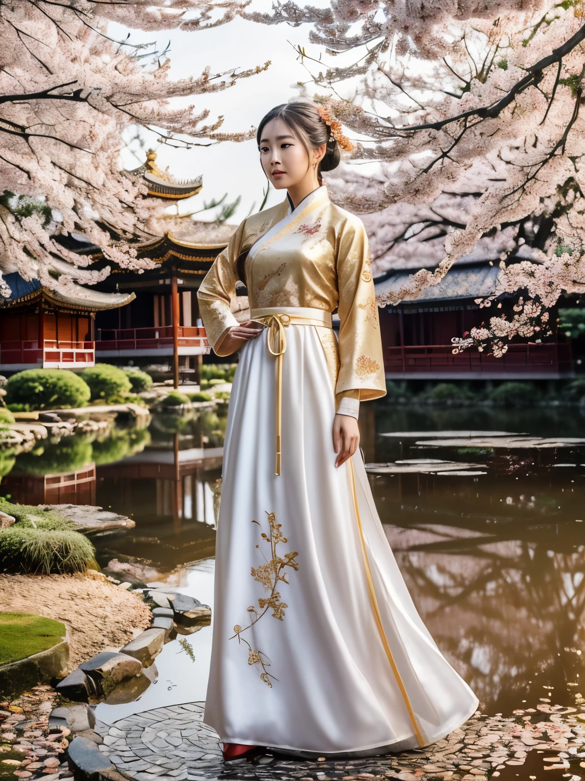 (a beauty girl,hanfu,wearing,A line skirt,golden embroidery,top,golden phoenix pattern,hairpin,ornament,tall waist design,long sleeves,pure white, lotus pattern,large bead,Chinese style buildings,traditional architecture,gray tiles,red pillars,pond with koi fish,blossoming cherry trees,bamboo forest) (best quality,ultra-detailed,realistic),HDR,stunning colors,warm tones,soft lighting
