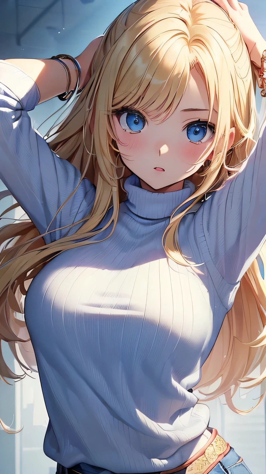 最high quality、best image quality、masterpiece、with a girl((18-year-old、vest bust、big bast,beautiful blue eyes、wide open chest, blonde、thin,big valley、white sweater、white pants、open your arms、dance、bracelet))high quality、beautiful art、With background((Large shopping mall Lanny Gallery Astepiece、visual art、written boundary depth、Shoujo manga style