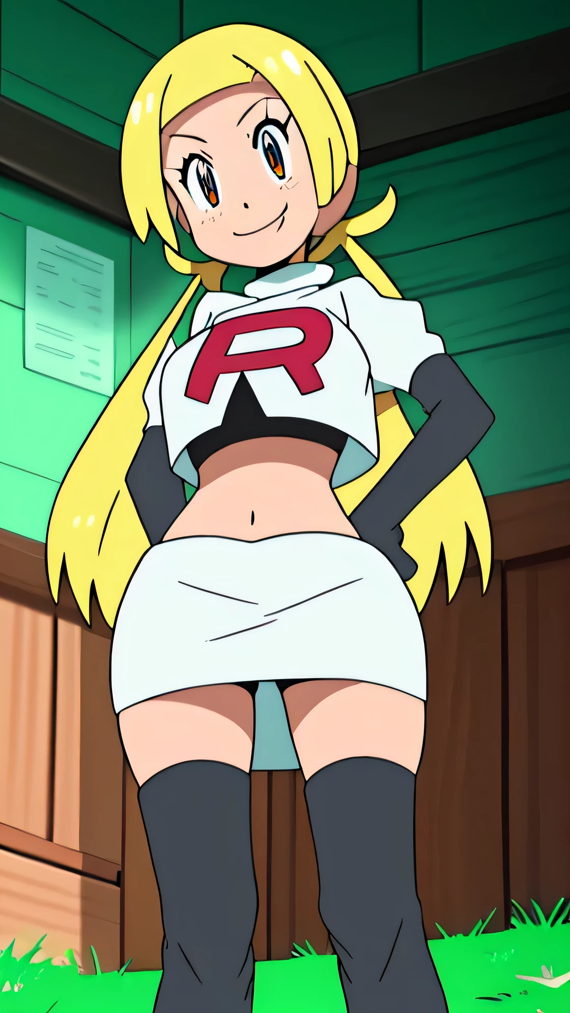 1girl in, (Solo:1.2), (Perfect body:1.1), (Best Quality:1.1), Cute Girl, Tsundere:1.1, (student clothes:1.4), (tiered layers skirt:1.2), very large breast, a blond, Long twintails, Black Ribbon Hair Fastening, Tsuriformes, sharp eye, Sanpaku eyes, (Seductive smile:1.5), Noble atmosphere, Fine-grained skin, (Choker with a heart gem:1.1), View of the valley, Navel Ejection, Raw feet, a belt on the thighhigh, Bright red eyes, Shining eyes, (NSFW:0.8), 8K, a belt on the thighhigh, Skinny Legs, School grounds with grass, full body seen, (Looking down here:1.2), (Loose socks:1.3), I don't have anything in my hands, No one around,team rocket uniform, red letter r, white skirt,white crop top,black thigh-high boots, black elbow gloves, evil smile, looking at viewer, hands on hips