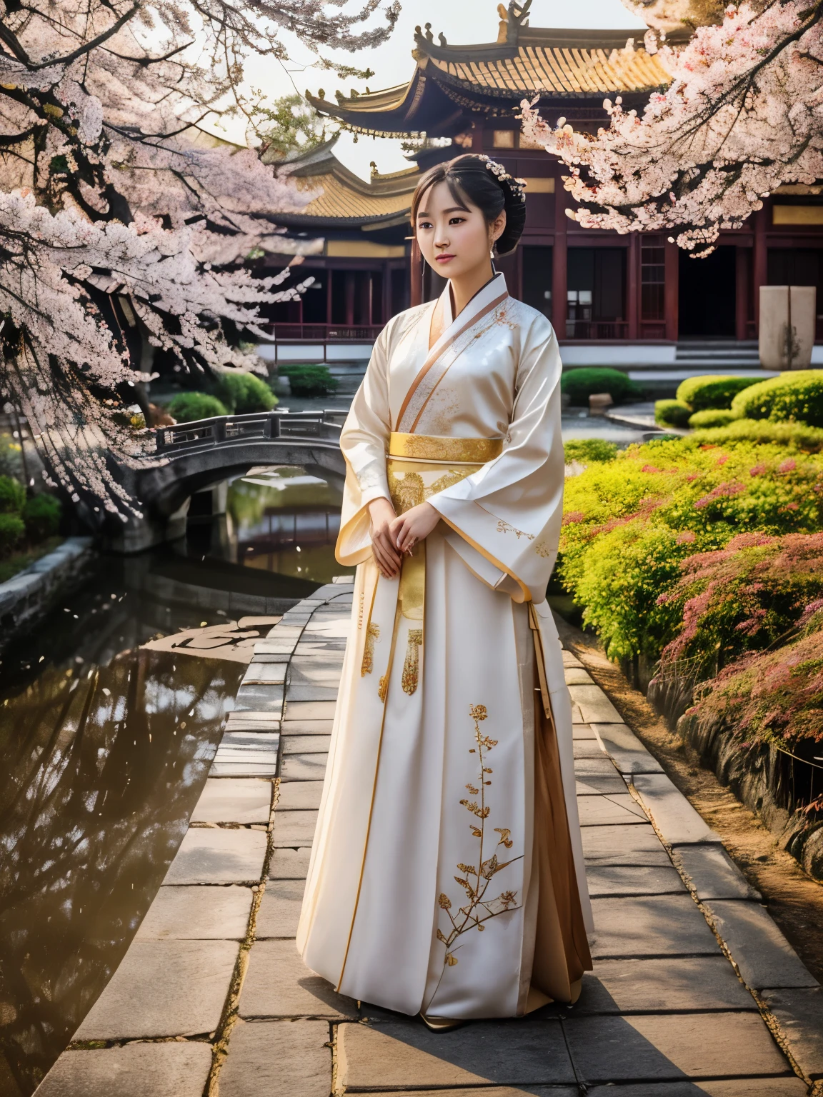 (a beauty girl,hanfu,wearing,A line skirt,golden embroidery,top,golden phoenix pattern,hairpin,ornament,tall waist design,long sleeves,pure white, lotus pattern,large bead,Chinese style buildings,traditional architecture,gray tiles,red pillars,pond with koi fish,blossoming cherry trees,bamboo forest) (best quality,ultra-detailed,realistic),HDR,stunning colors,warm tones,soft lighting