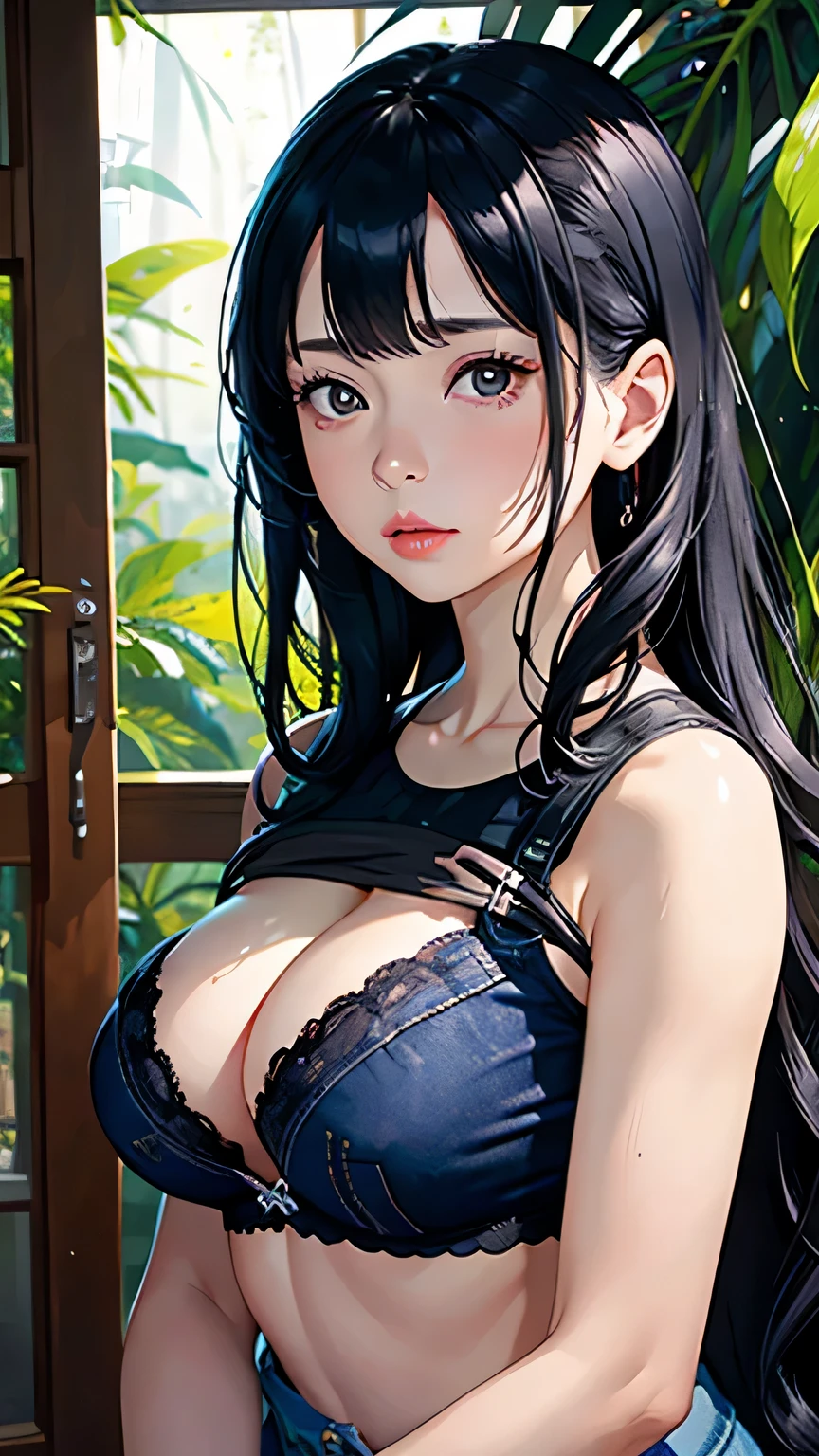 big plans, Beautiful woman with thumb art style, Written by Jeremy Mann, Written by Sandra Chevrier, dave mckean、Written by Richard Avedon、Written by Maciej Cuchara, white tank top and jeans, be familiar with, 8k、be familiar withな目で、long wavy hair、bangs、((Face only up)), masterpiece, 最high quality, high quality, High resolution, (jungle background)