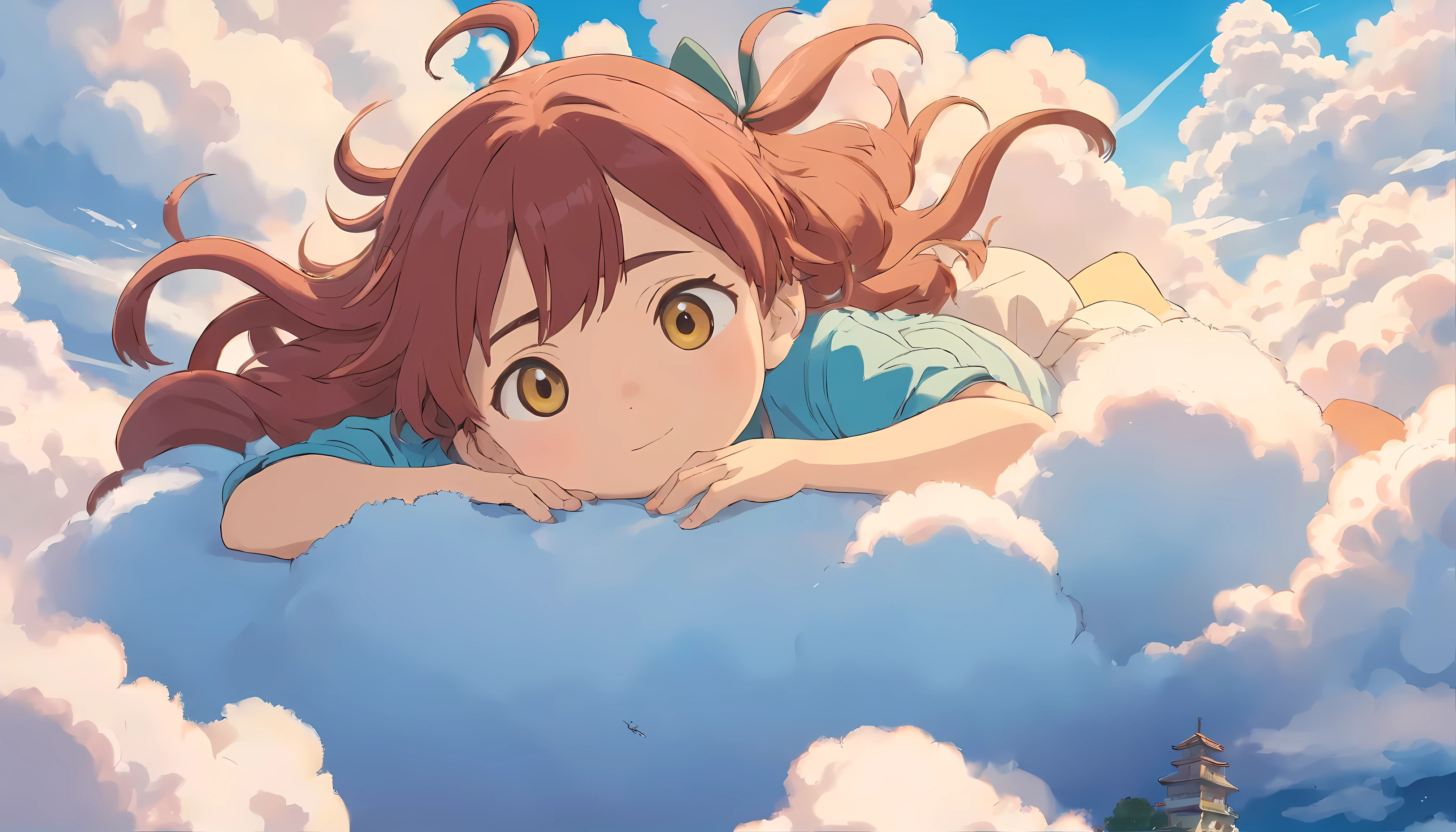 comics，Cute 5 year old baby girl lying on beautiful fluffy clouds in the sky，anime big breasts，On clouds as thick as marshmallows，generate revenue，Detail enhancement，8k，Ultra-fine，concept art，the art of mathematics
