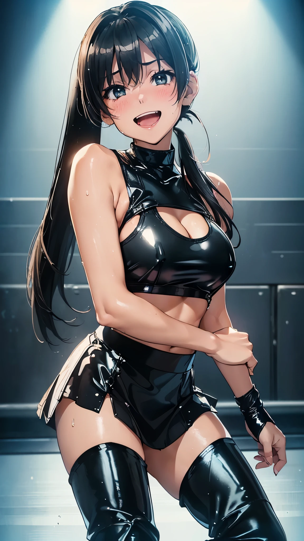 1 female,black hair,25 years old,(((blue shiny micro tight skirt)))((white tank top))(((blush、open mouth smile)),(((straight hair))),(((portrait))),crowd,,(wet with sweat)(sexy black bra and see-through tank top)(leather thigh high boots)((low ponytail))Saten Ruiko