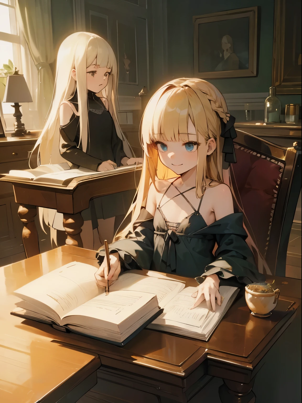Reines, 1girl, high quality, best quality, illustration, masterpiece, (highly detailed:1.2), (extremely detailed:1.3), flat chest, camisole, spaghetti straps, backless, bare shoulders, young girl, braid, (children:1.2), , in a house, sitting on chair, smiling, studying, reading on desk, detachable sleeve