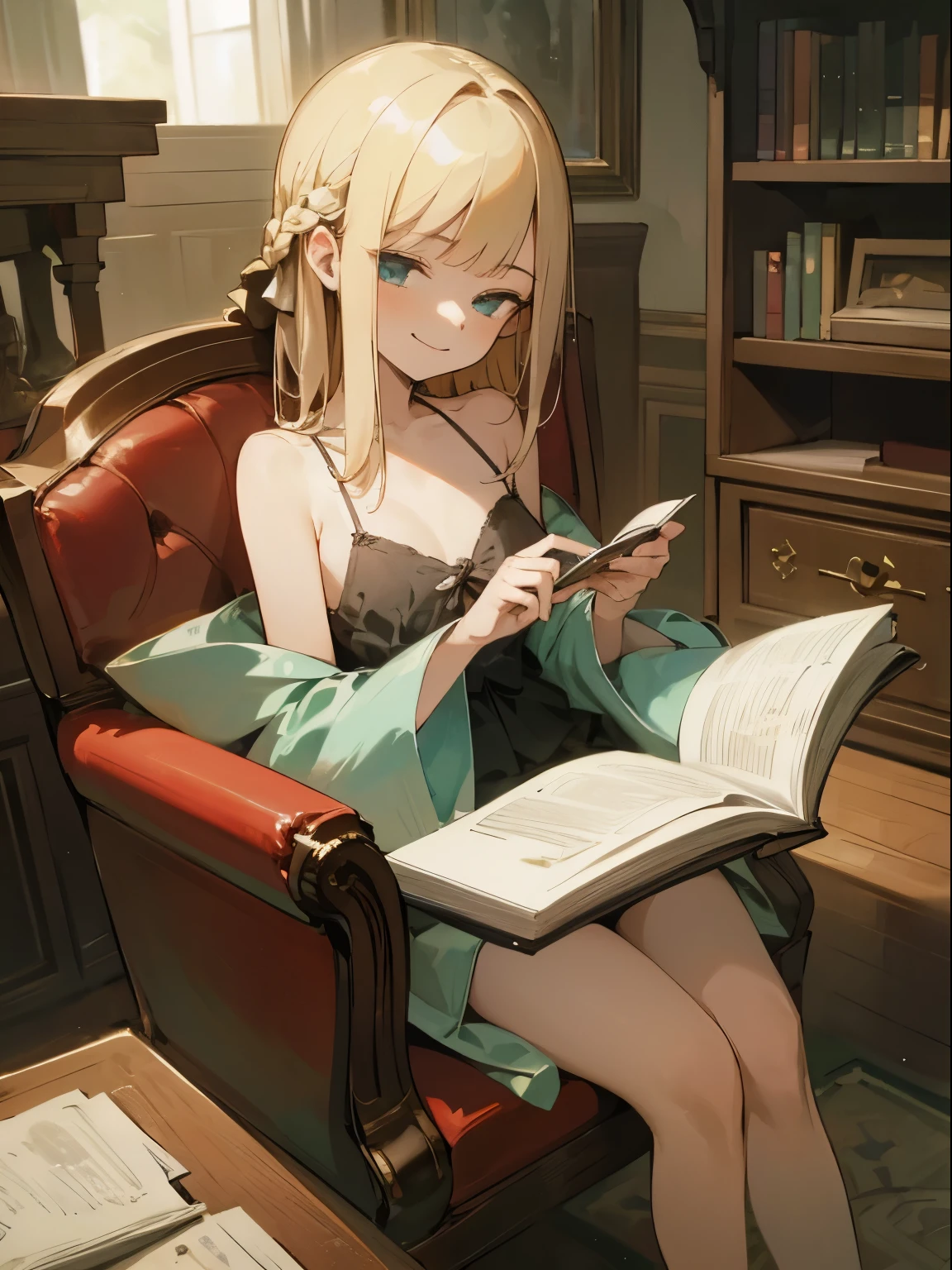 Reines, 1girl, high quality, best quality, illustration, masterpiece, (highly detailed:1.2), (extremely detailed:1.3), flat chest, camisole, spaghetti straps, backless, bare shoulders, young girl, braid, (children:1.2), , in a house, sitting on chair, smiling, studying, reading on desk, detachable sleeve