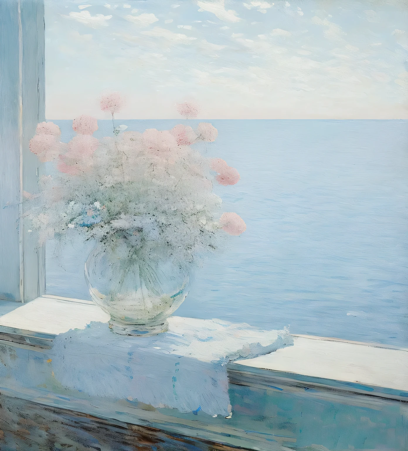 Flower painting in vase on windowsill,overlooking the sea, author:Hilarion Priyanishnikov, author:Konstantin Vasiliev, author:Alphonse Kapinski, author:Igor Grabar, inspired author:Konstantin Vasiliev, Alexander Deneca, author:Vasily Vereshchagin, author:author:by Stanislav Zhukovsky