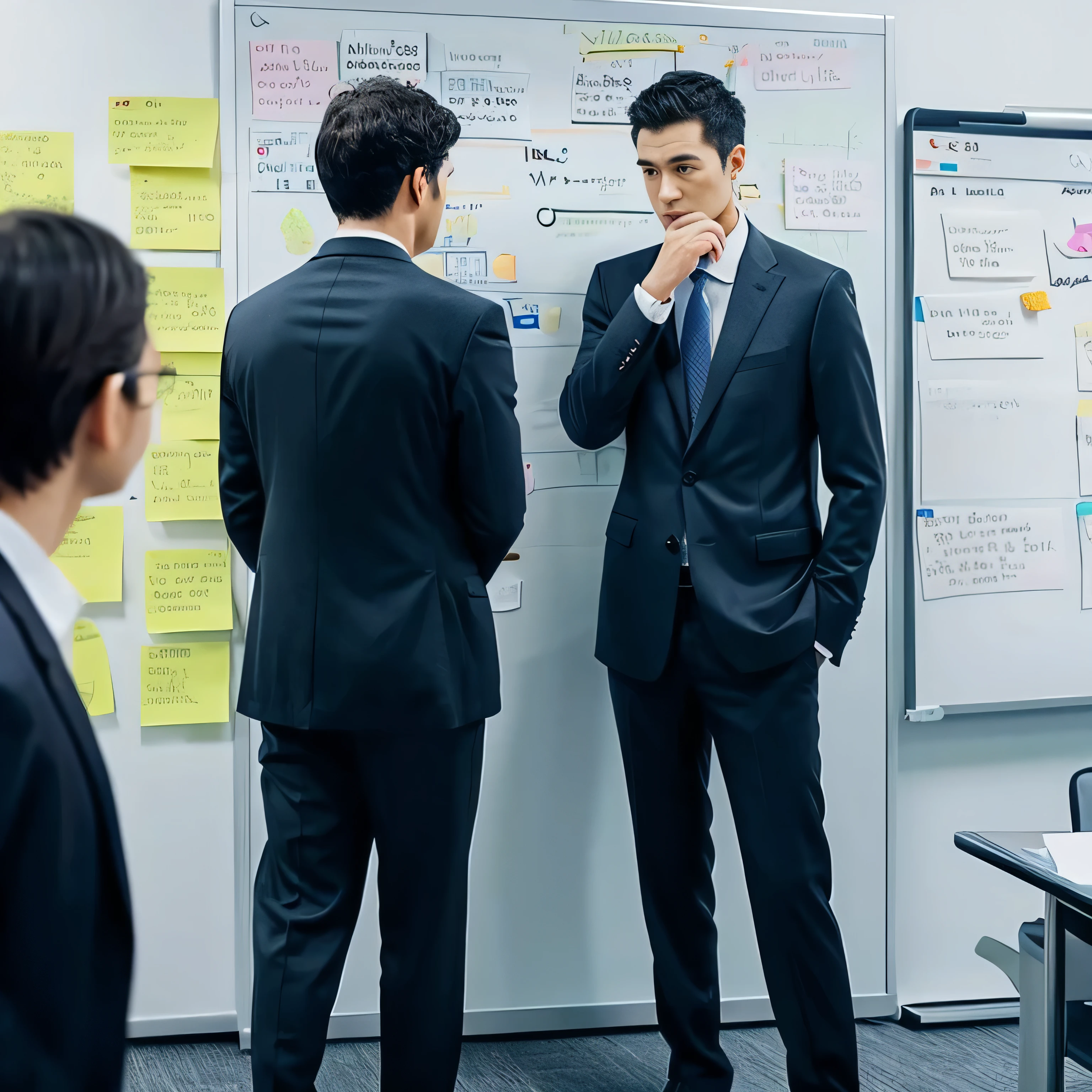 work,sticky note,Whiteboard,anxiety,suit,meeting,people are on the left