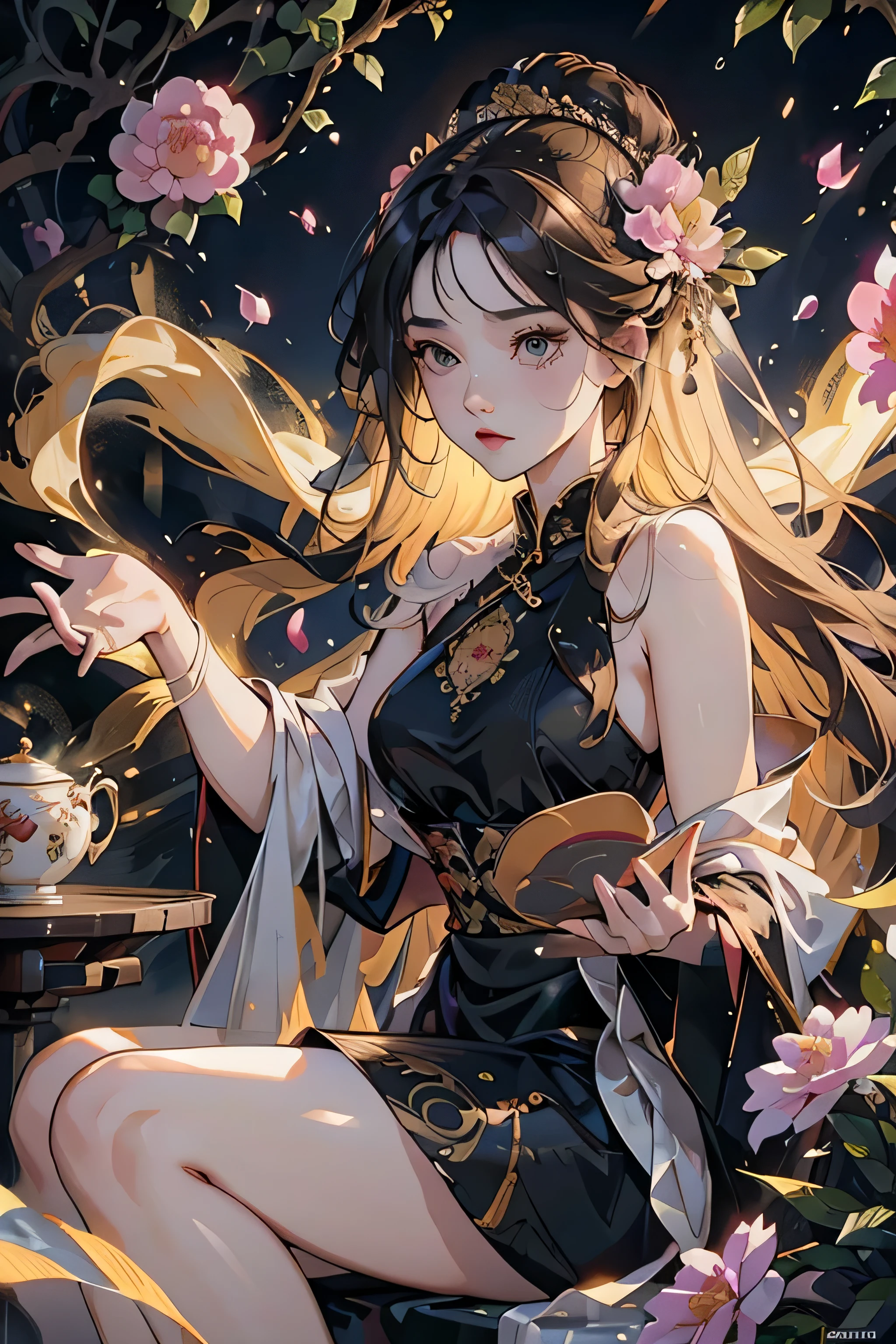 (Hyper-realistic) , (illustration), (Increase the resolution), (8K), （RAW photos，best qualtiy），（realisticlying，photograph realistic：1.3），best qualtiy，highly detailed，tmasterpiece，Hyper-detailing，( the wallpaper), (Detailed face), solo,1girll，The is very detailed，dynamic angle，cow boy shot，The most beautiful form of chaos，elegant，Fauvist design，vivd colour，Goddess of romanticism，Model figure，ancient costume，best qualtiy，Extremely detailed jewelry，Peony petals，scenecy，rios|Wagas，nsfw, chinese dress, slender , black dress,dynasty, white top, black bottom