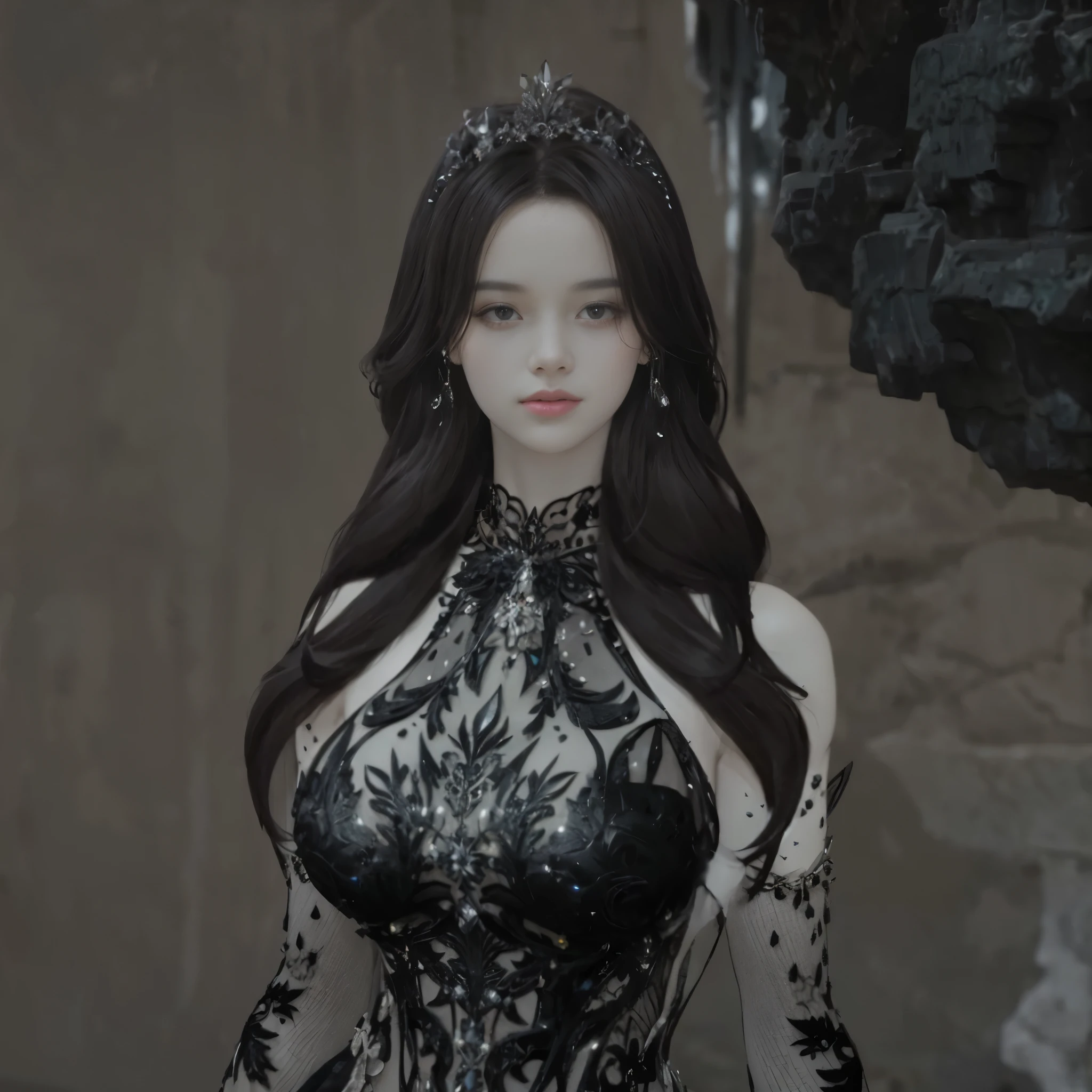 il y a une femme en robe noire debout dans une grotte, long detailed black hair, une belle impératrice fantastique, ornate hair, lineage revolution style 2, Wearing a fractal diadem in crystal, longs cheveux éthérés brillants, Ornate Detailed Hair, portant un costume noble noir, royal elegant pose, armure noire pâle, inspired by Sim Sa-jeong, Black Iron Tiara, longue couronne noire