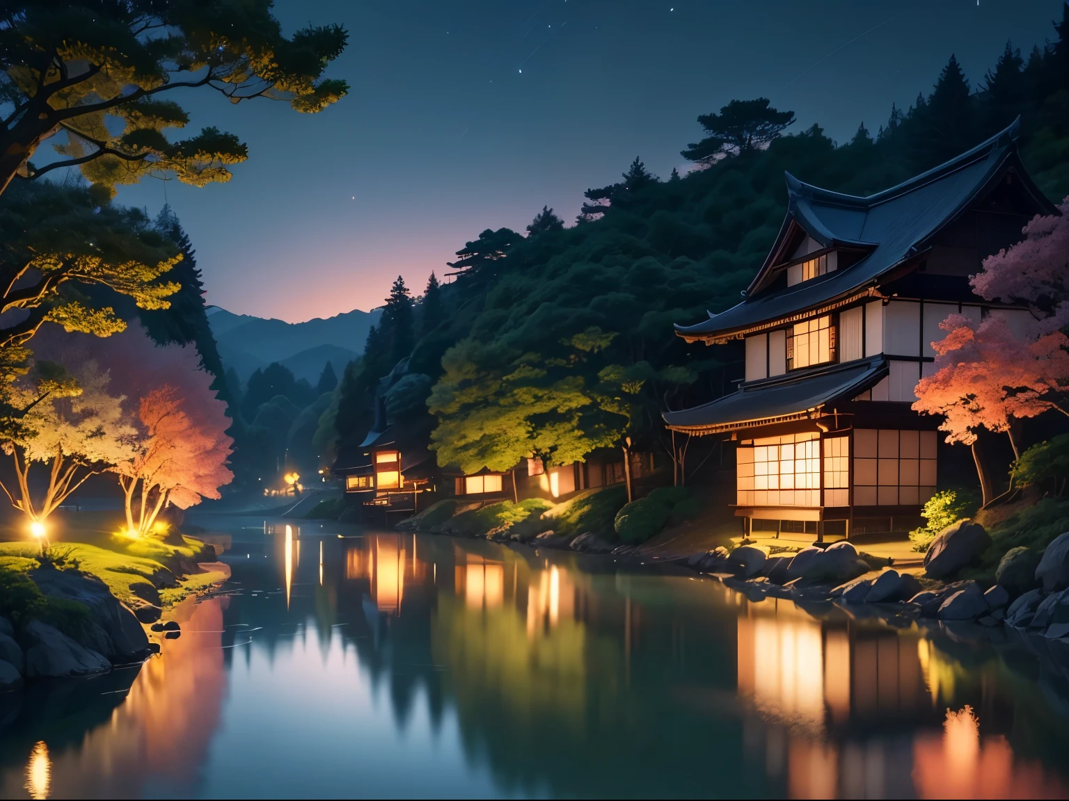 In a world where technology and nature coexist, A calm anime landscape spreads out before your eyes.. Towering, A forest full of old cherry trees, Delicate pink petals sway in the breeze. The clear blue sky overhead、Acts as a canvas for the sun's golden light, warm cast, The etheric glow that covers the earth. A winding river meanders through the landscape, That clear sea、Reflects the vibrant colors of its surroundings. far away, thatched roof house々A traditional Japanese village lined with streets lit by lanterns.、Gives you a sense of timeless tranquility. When the sun sets and evening comes, Appearance of fireflies, Create a magical light dance in this enchanting animated world.