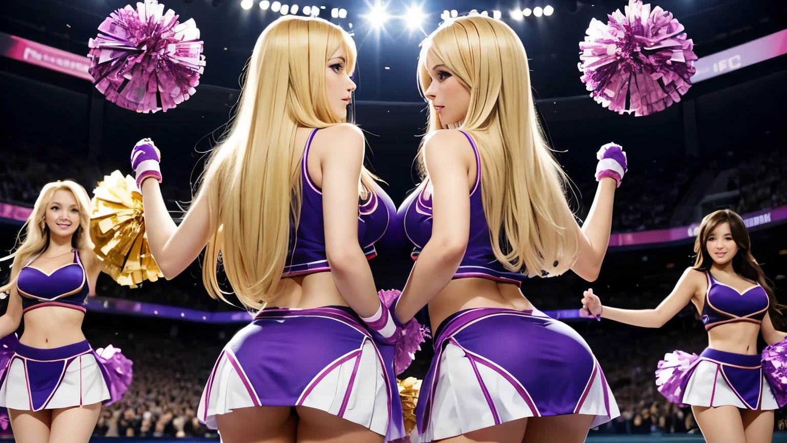 2 BEAUTIFUL GRILS, beautiful face, blonde semi-long straight hair breasts from behind, both dressed as cheerleaders