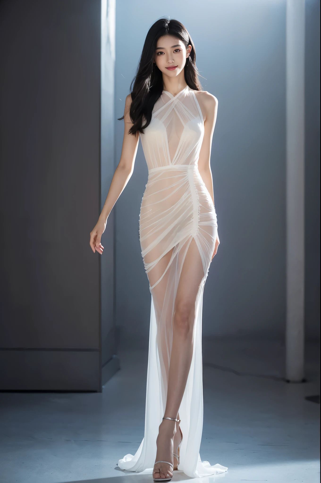 8K, Top Quality, Intricate Details, Ultra Detail, Ultra High Resolution, Masterpiece, random angle, random pose, Slender, Smile, (Makeup: 0.4), looking at viewer, ((full body)), 19 years old girl, (( full body)), close up shot, , ((tall)), (((fit body))), (((slim face))), sharp face, sharp eyes, (((black hair, )) , (detailed face), small lips, araffed asian woman in a sheered dress walking down a runway, sexy gown, translucent dress, sexy dress, opened dress, revealing stylish dress, captivating and enticing, gorgeous chinese model, translucent silky dress, translucent body, revealing outfit, young sensual graceful, elegant seducing pose, smooth white tight clothes suit, see through dress, a goddess,