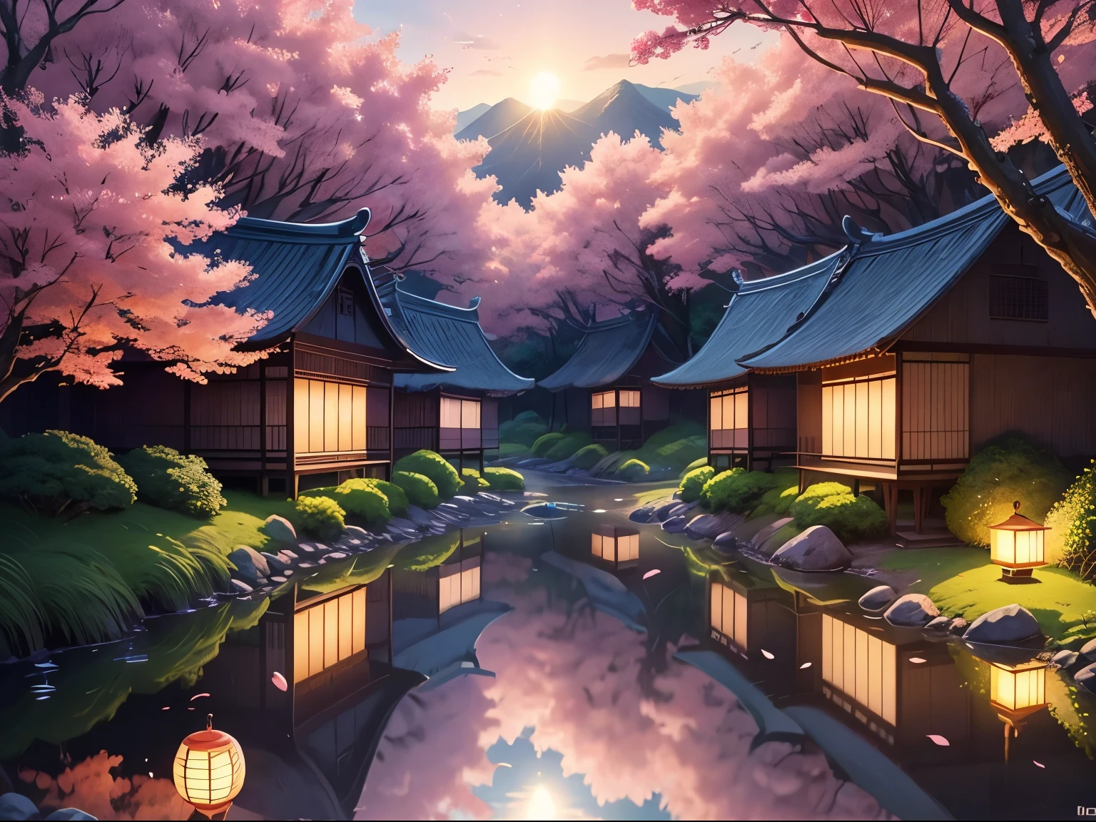 In a world where technology and nature coexist, A calm anime landscape spreads out before your eyes.. Towering, A forest full of old cherry trees, Delicate pink petals sway in the breeze. The clear blue sky overhead、Acts as a canvas for the sun's golden light, warm cast, The etheric glow that covers the earth. A winding river meanders through the landscape, That clear sea、Reflects the vibrant colors of its surroundings. far away, thatched roof house々A traditional Japanese village lined with streets lit by lanterns.、Gives you a sense of timeless tranquility. When the sun sets and evening comes, Appearance of fireflies, Create a magical light dance in this enchanting animated world.