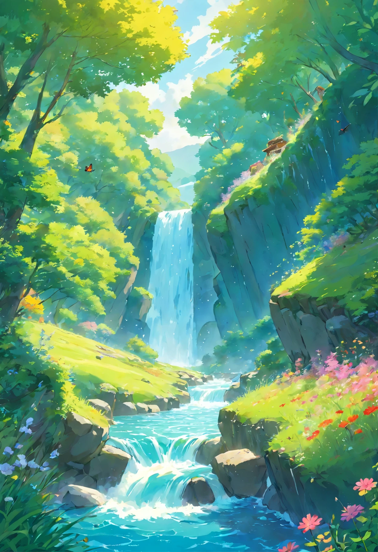 Valley,water flow,Fall,magnificent,Flying down,water splash,Lush vegetation,flowers and grass,Butterfly,natural scenery
