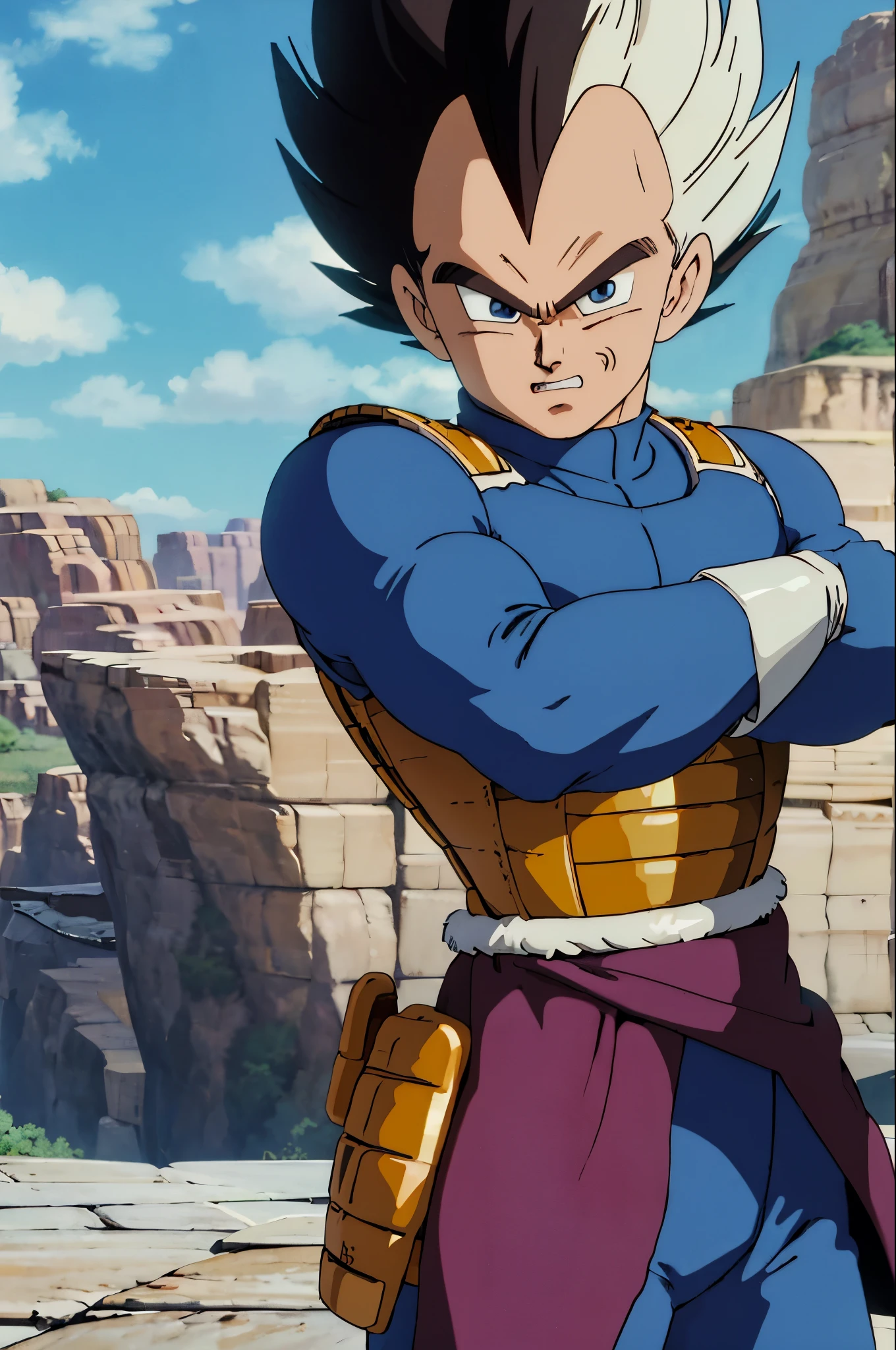(cinematic, best quality:1.2), cowboy shot, solo, 1boy, vegeta, serious, looking at viewer, black spiked hair, black eyes, armor, white gloves