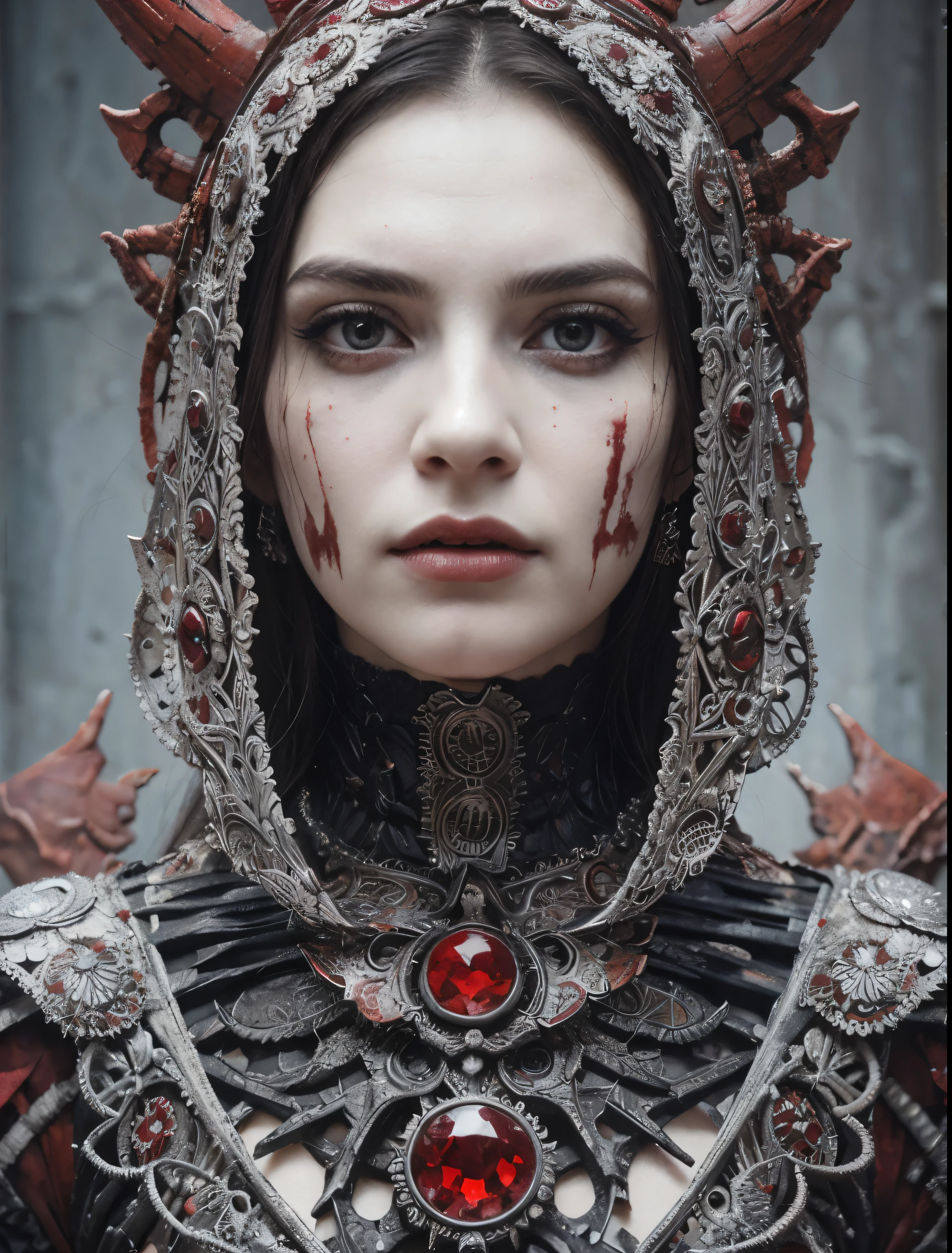 A woman detailed eyes, militant look, pale skin necromancer, blood red accents, black clothes, angry and intimidating, insanely detailed, intricated detailed, symmetry, perfect composition, beautiful detailed intricate insanely detailed octane render trending on artstation, 8 k artistic photography, photorealistic concept art, soft natural volumetric cinematic perfect light, chiaroscuro, award - winning photograph, masterpiece, oil on canvas, by Zdzisław Beksiński, by h.r. giger
