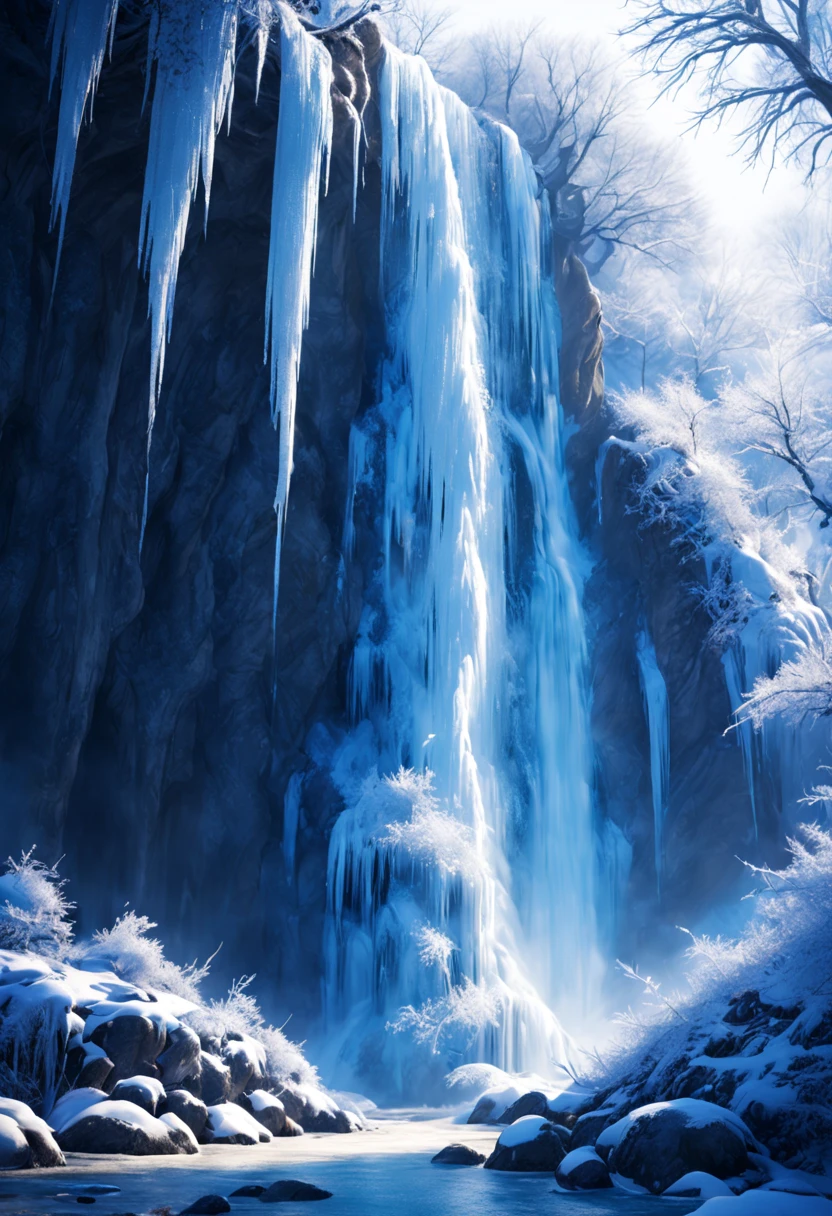 Branches covered with beautiful ice crystals in a winter wonderland(Close-up foreground)There is a dreamy waterfall scenery with dynamic angle depth of field,Blue Splash Winter Concept Art Movie Big Scene Extremely Detailed Beauty Ultra HD,chiaroscuro,epic reality, Super real photos, Super detailed, masterpiece