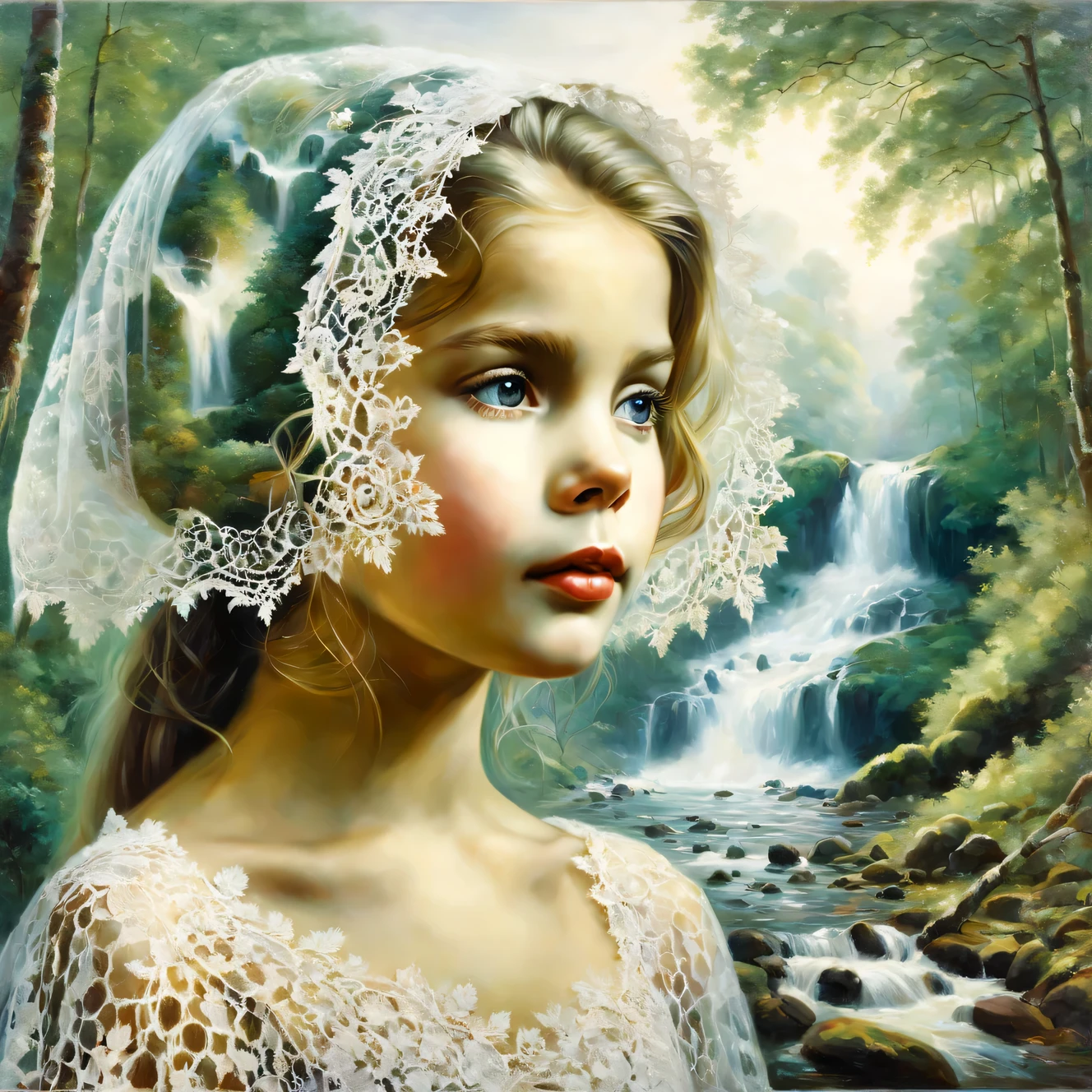 Oil painting on canvas oil painting on canvas with Double exposure effect, (in the foreground is the dreamy face of a beautiful young girl wearing a lace cape on her head), (in the background is a collage of fragments of beautiful forest waterfalls and forest nature near the waterfall), High detail, A high resolution, maximum realism, Double exposure effect:1.4, Hugh Douglas Hamilton, Alexey Savrasov, Fedor Vasiliev, Rob Gonsalves, Peder Monstead,