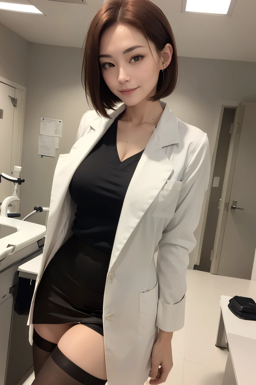 ((Female Surgeon)), white coat, white shirt, black tight miniskirt, pantyhose, red stilettos, reddish-brown bob hair, two shirt buttons undone, bending forward, looking at you, hands behind your back, smile, cleavage , shot with a single-lens reflex camera, high resolution, shot from the front,