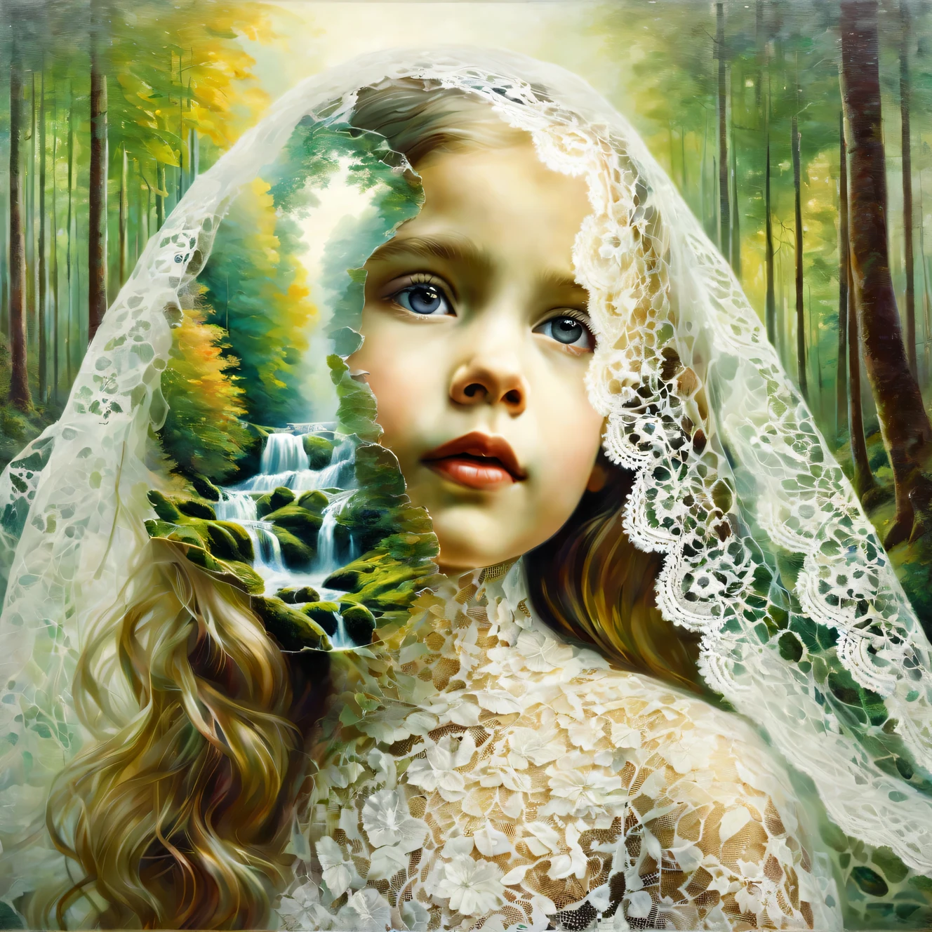Oil painting on canvas oil painting on canvas with Double exposure effect, (in the foreground is the dreamy face of a beautiful young girl wearing a lace cape on her head), (in the background is a collage of fragments of beautiful forest waterfalls and forest nature near the waterfall), High detail, A high resolution, maximum realism, Double exposure effect:1.4, Hugh Douglas Hamilton, Alexey Savrasov, Fedor Vasiliev, Rob Gonsalves, Peder Monstead,