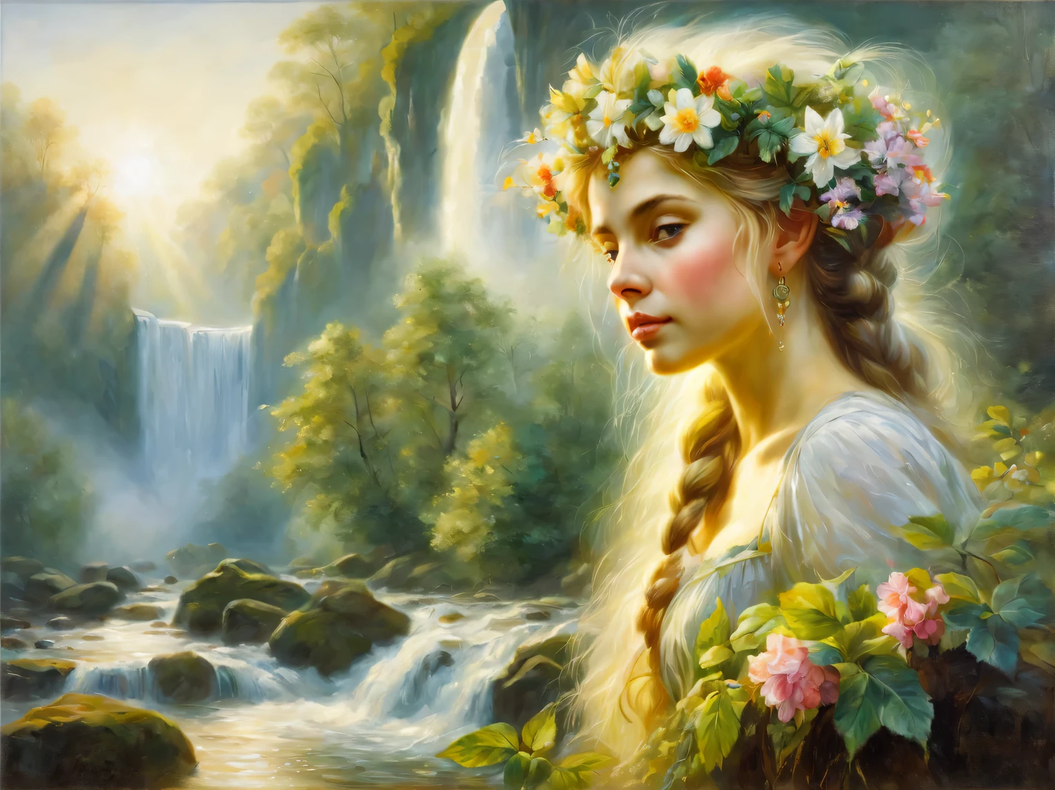 Oil painting on canvas Oil painting on canvas with double exposure effect, (in the foreground is the dreamy face of a beautiful elf with a wicker floral wreath on her head), (in the background there is a landscape of a beautiful forest waterfall under the morning sun), High detail, A high resolution, maximum realism, Hugh Douglas Hamilton, Alexey Savrasov, Fedor Vasiliev, Rob Gonsalves, Peder Monstead,