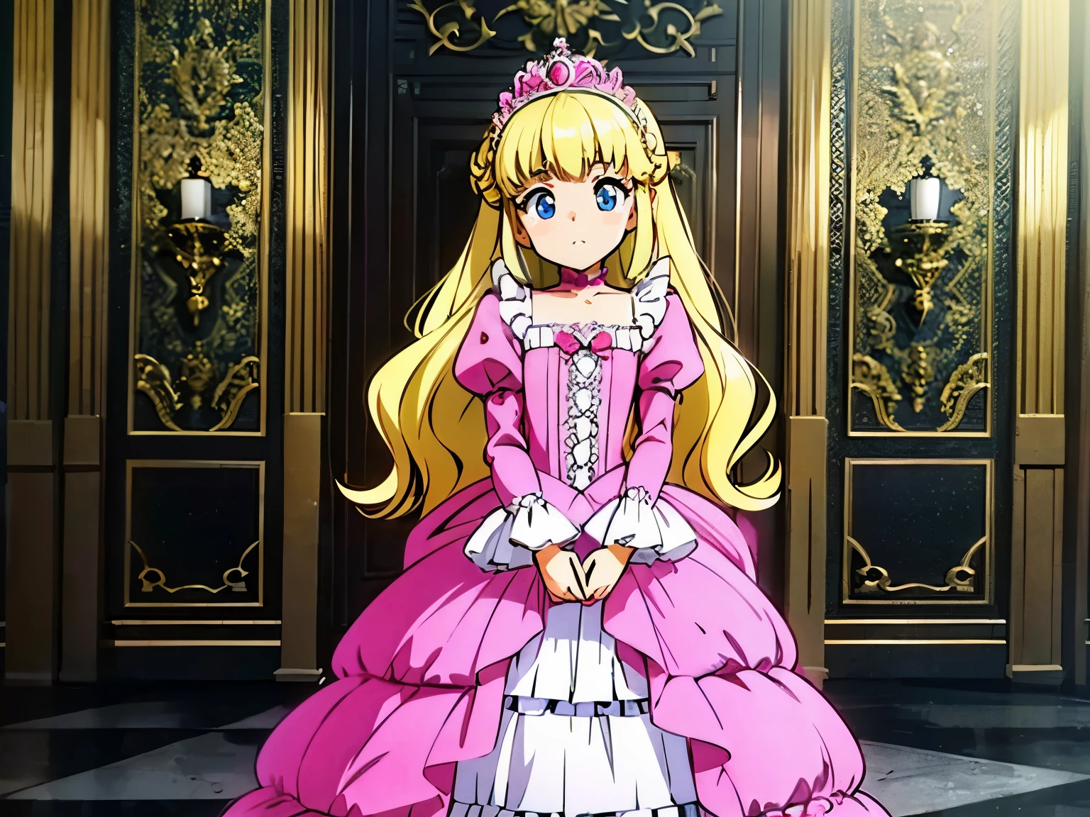 ,highest quality, masterpiece, highest resolution, artwork, super それにget used to it, many get used to it, get used to it, それにget used to it, 3K realistic photos,,((10 year old little girls)),Super detailed baby face,They are&#39;both are princesses,Full length ball gown dress with hoop skirt,ruffle yoke collar,puff sleeves,long sleeve,((lolita style hot pink princess satin dress、Comes with lots of frills and ribbons。)),crazy&#39;colorful fashion,shiny satin dress,Soft and smooth fabric,luxury,long blonde hair,blue eyes,white skin european,((inside the palace)),