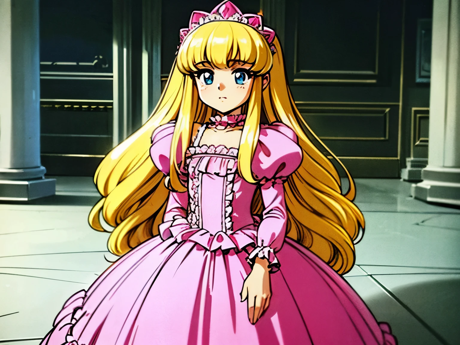 ,highest quality, masterpiece, highest resolution, artwork, super それにget used to it, many get used to it, get used to it, それにget used to it, 3K realistic photos,,(( girls)),Super detailed baby face,They are are princesses,Full length ball gown dress with hoop skirt,ruffle yoke collar,puff sleeves,long sleeve,((lolita style hot pink princess satin dress、Comes with lots of frills and ribbons。)),crazy'colorful fashion,shiny satin dress,Soft and smooth fabric,luxury,long blonde hair,blue eyes,white skin european,((inside the palace)),