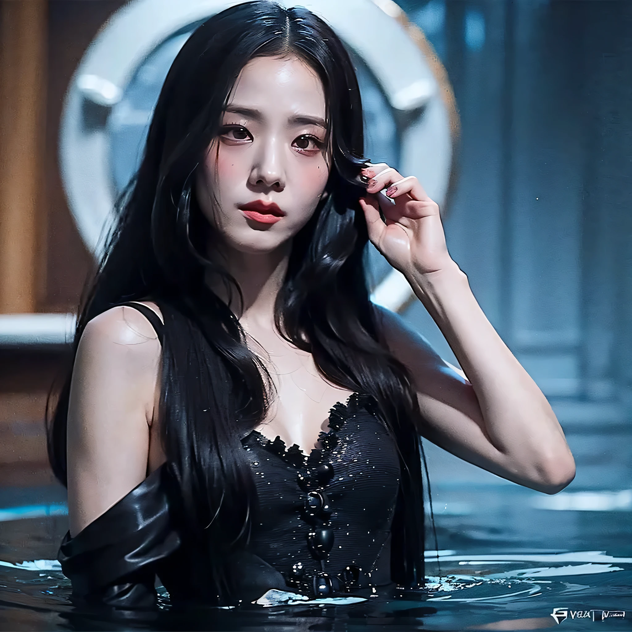 A closeup of a woman with blood on her hands in the water, as a super villain, masterpiece, 8K, ultra high quality