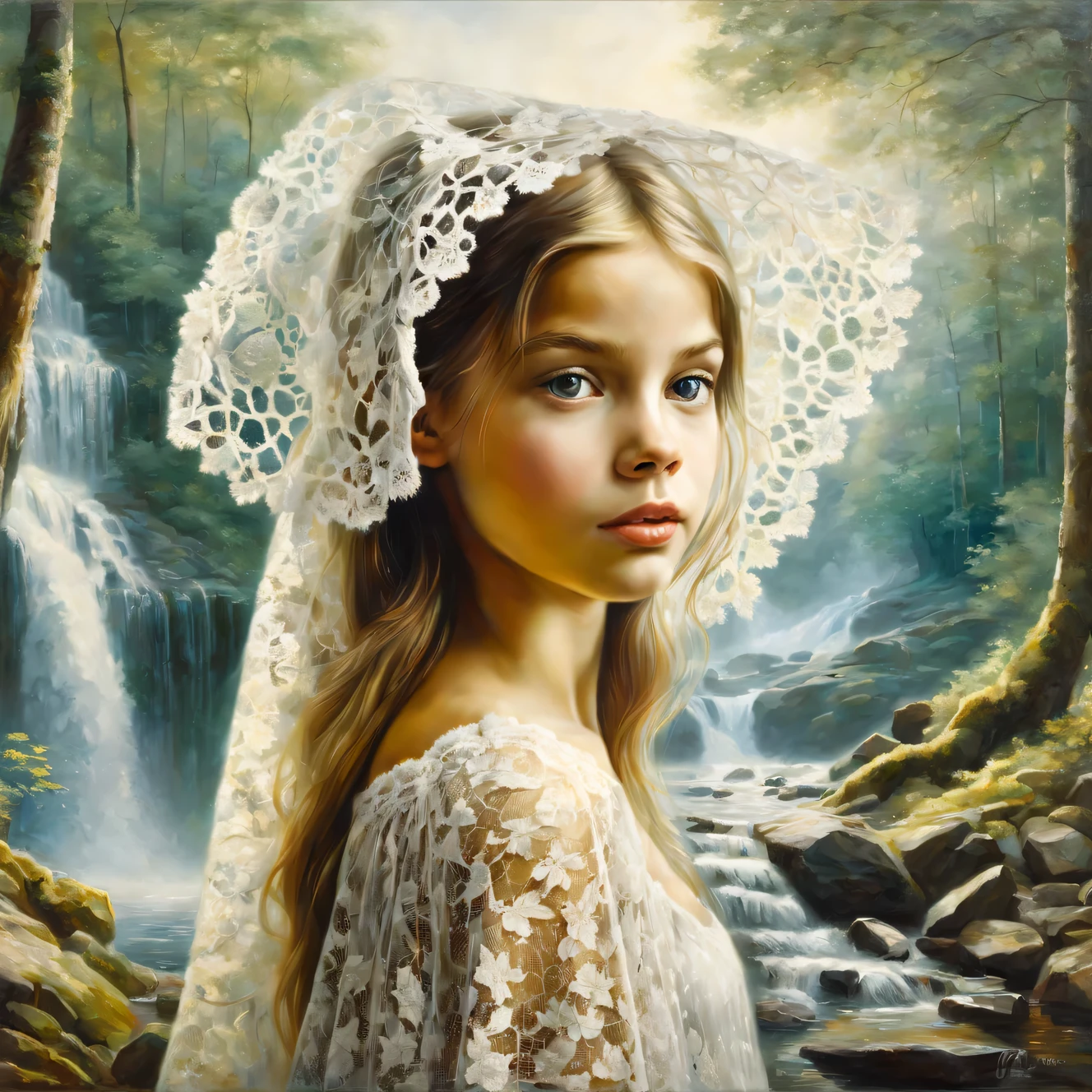 Oil painting on canvas Oil painting on canvas with double exposure effect, (in the foreground is the dreamy face of a beautiful young girl wearing a lace cape on her head), (in the background is a collage of fragments of beautiful forest waterfalls and forest nature near the waterfall), High detail, A high resolution, maximum realism, Hugh Douglas Hamilton, Alexey Savrasov, Fedor Vasiliev, Rob Gonsalves, Peder Monstead,