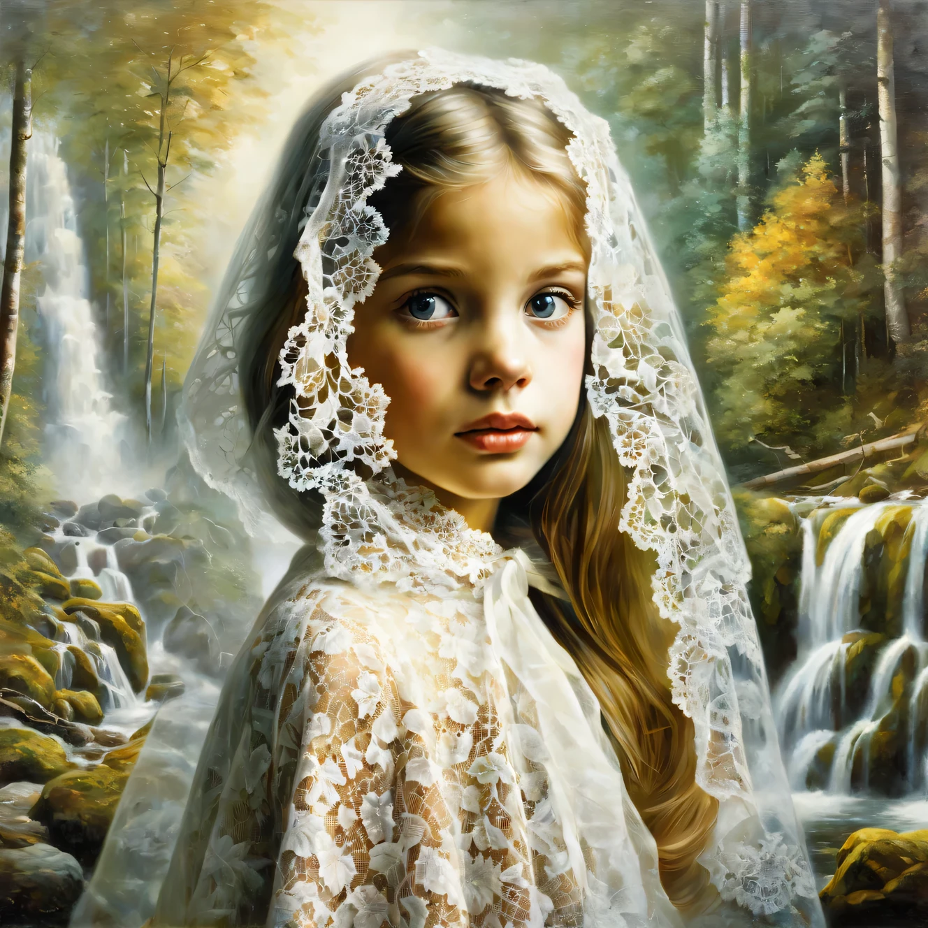 Oil painting on canvas Oil painting on canvas with double exposure effect, (in the foreground is the dreamy face of a beautiful young girl wearing a lace cape on her head), (in the background is a collage of fragments of beautiful forest waterfalls and forest nature near the waterfall), High detail, A high resolution, maximum realism, Hugh Douglas Hamilton, Alexey Savrasov, Fedor Vasiliev, Rob Gonsalves, Peder Monstead,