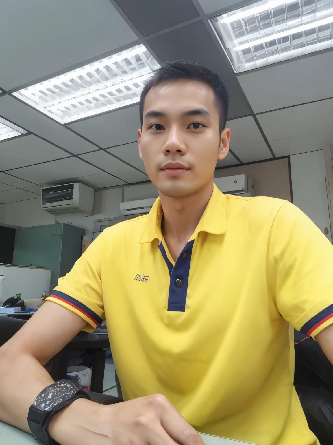((Hairy legs)), (Extremely sharp focus),Toned legs, whole body, two blocks, messy short hair, Long legs, Thai man,handsome, 27 years old, Wear shorts., Wear a T-shirt, very short hair, black hair, sit