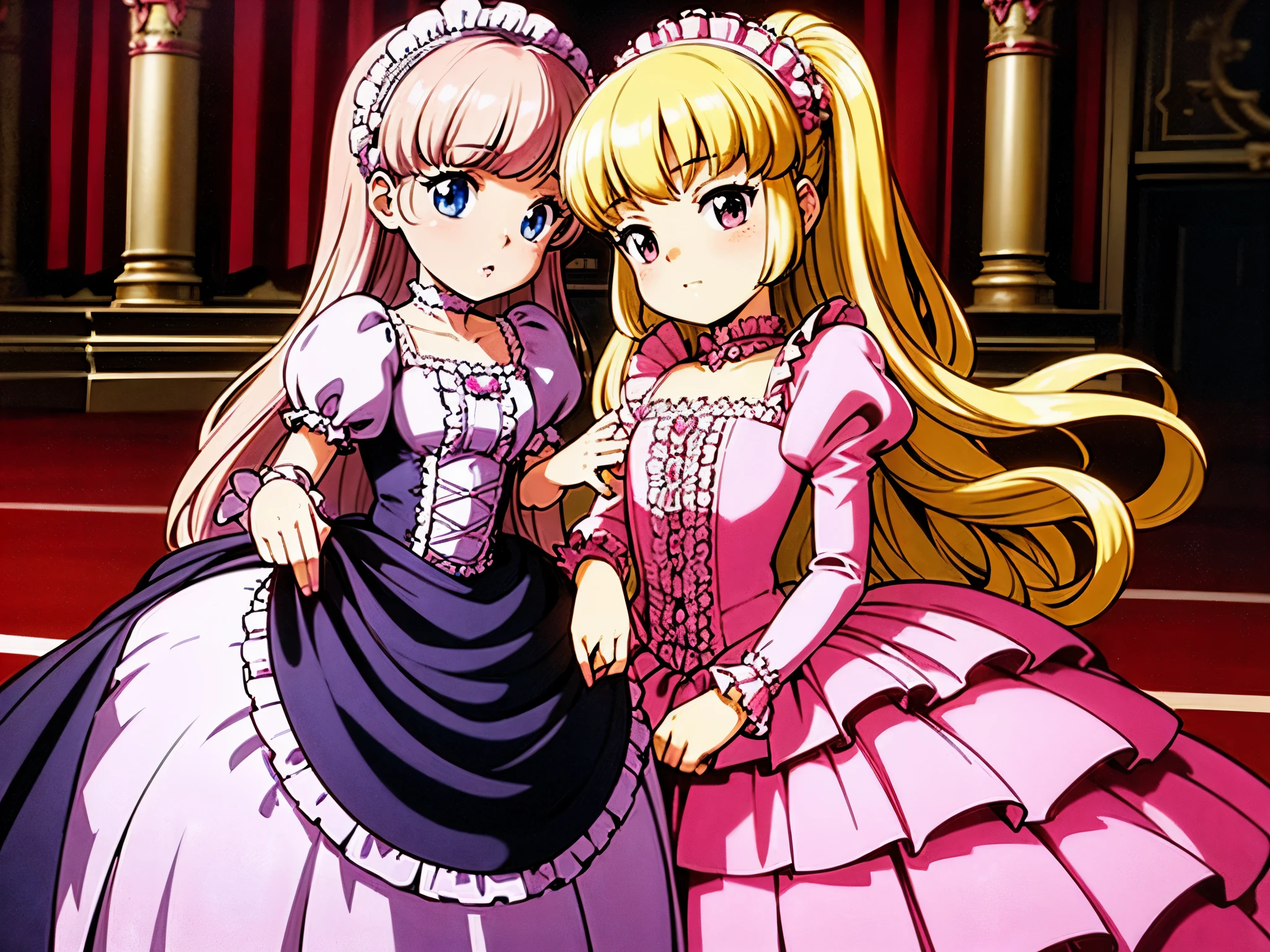 ,highest quality, masterpiece, highest resolution, artwork, super それにget used to it, many get used to it, get used to it, それにget used to it, 3K realistic photos,,(( girls)),Super detailed baby face,They are are princesses,Full length ball gown dress with hoop skirt,ruffle yoke collar,puff sleeves,long sleeve,((lolita style hot pink princess satin dress、Comes with lots of frills and ribbons。)),crazy'colorful fashion,shiny satin dress,Soft and smooth fabric,luxury,long blonde hair,blue eyes,white skin european,((inside the palace)),