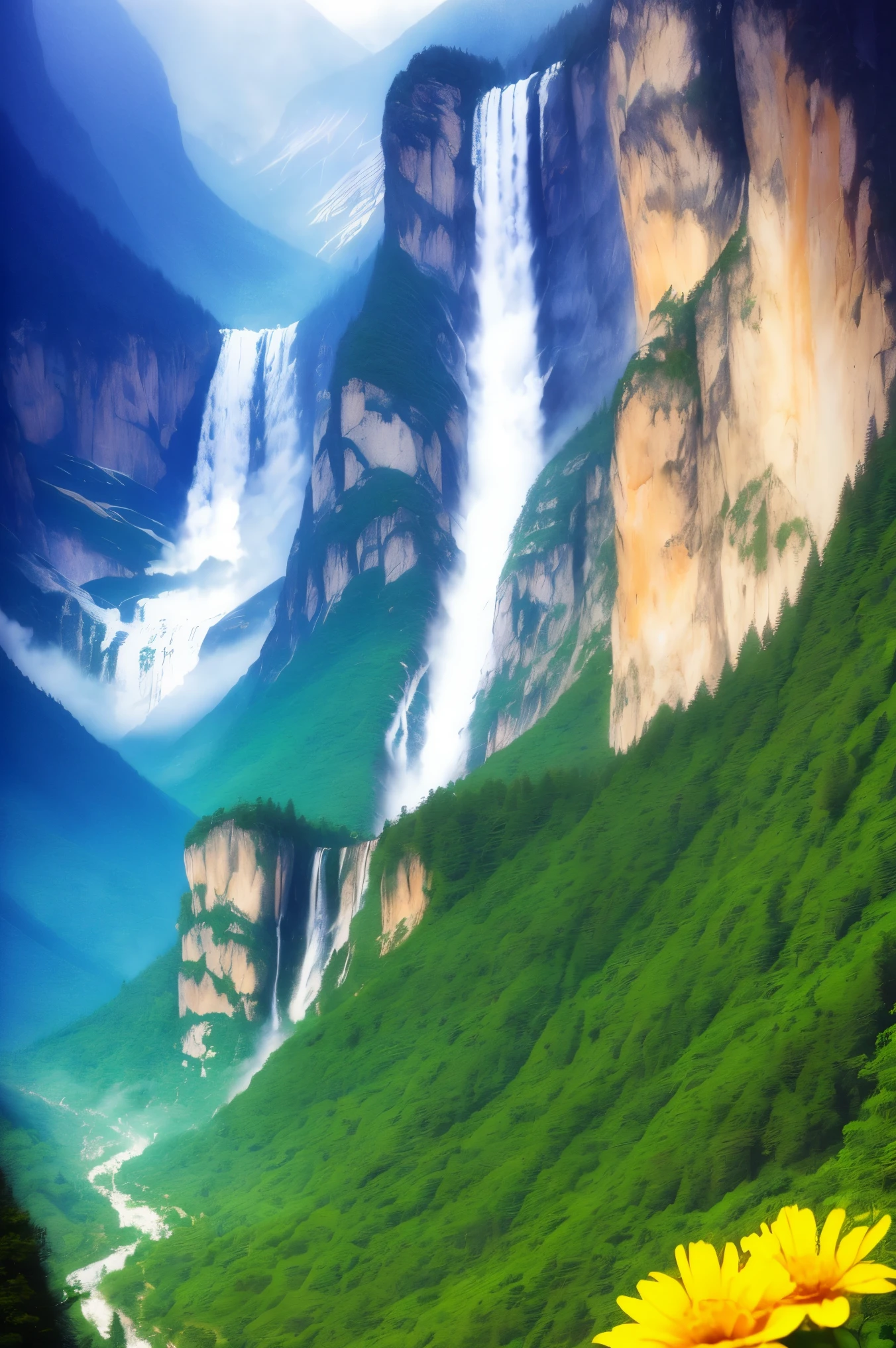This photograph captures the majestic scenery of a mountainous area with a rapid waterfall cascading down, creating a splashing effect. Surrounded by lush vegetation, including flowers and plants, butterflies flutter in harmony, presenting a picturesque natural landscape.