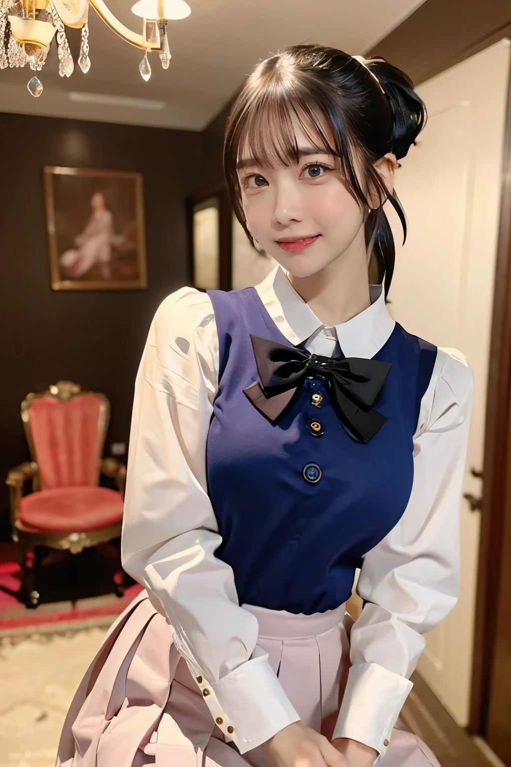(8K, Raw photo, highest quality, from below:1.2, masterpiece:1.2, realistic, ultra high resolution, high contrast, photon mapping, real, super detailed, official art, RAW photo, chic light, dim atmosphere, High-definition CG, Unity8k, ((highest quality, 8k, masterpiece: 1.3)), Snazzy, chandelier light), super detailed, where(Anna Millers), when(night), who:(Anna Millersウエイトレス),( Brown ponytail, pink ribbon hair clip, Snazzyメイド服, Pink bow tie, Snazzy白いレース模様のついたブラウス, pleated skirt), what( Posing happily and invitingly),