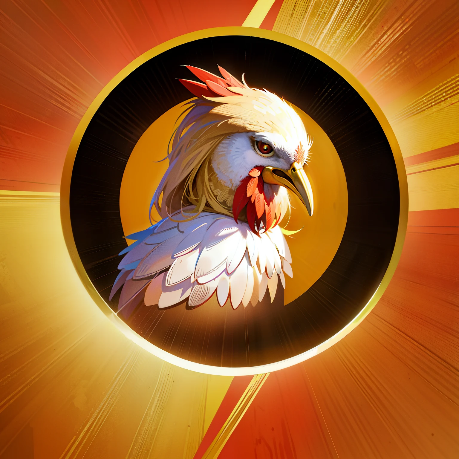 Circular logo, high definition, chicken, centered, detailed feathers, beak open, yellow background, encircled by red ring, crisp and clear, looking straight at viewer.