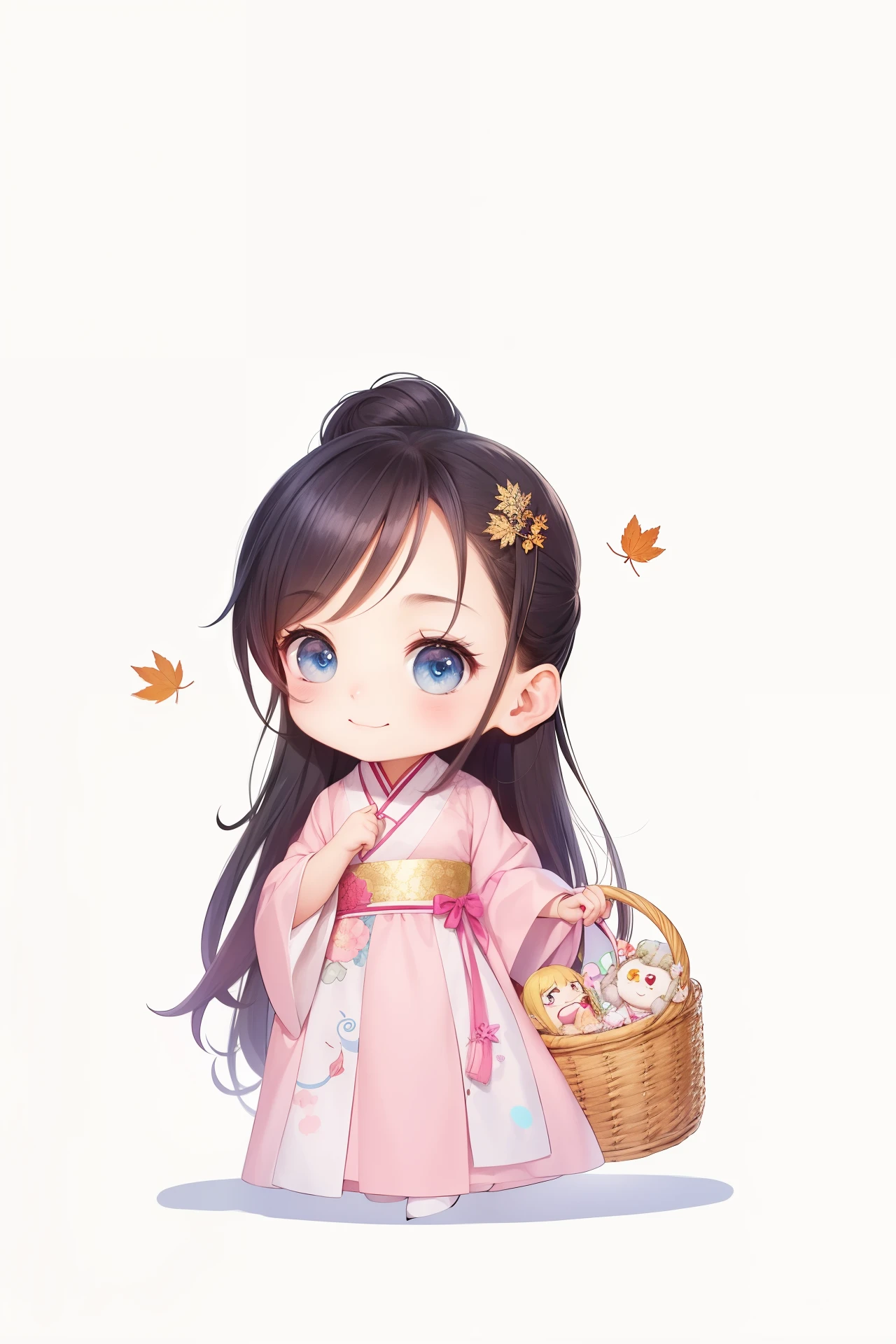One wearing a pink dress、Cartoon girl with basket, palace , A girl wearing Hanfu, chibi girl, Chinese girl, Inspired by Ma Yuanyu, Nezuko-chan, Lovely character, Lovely anime girl, Lovely kawaii girl, Inspired by Huayan, Lovely art style, Official fan art, High quality fan art, Lovely anime style, 🍁 Lovely