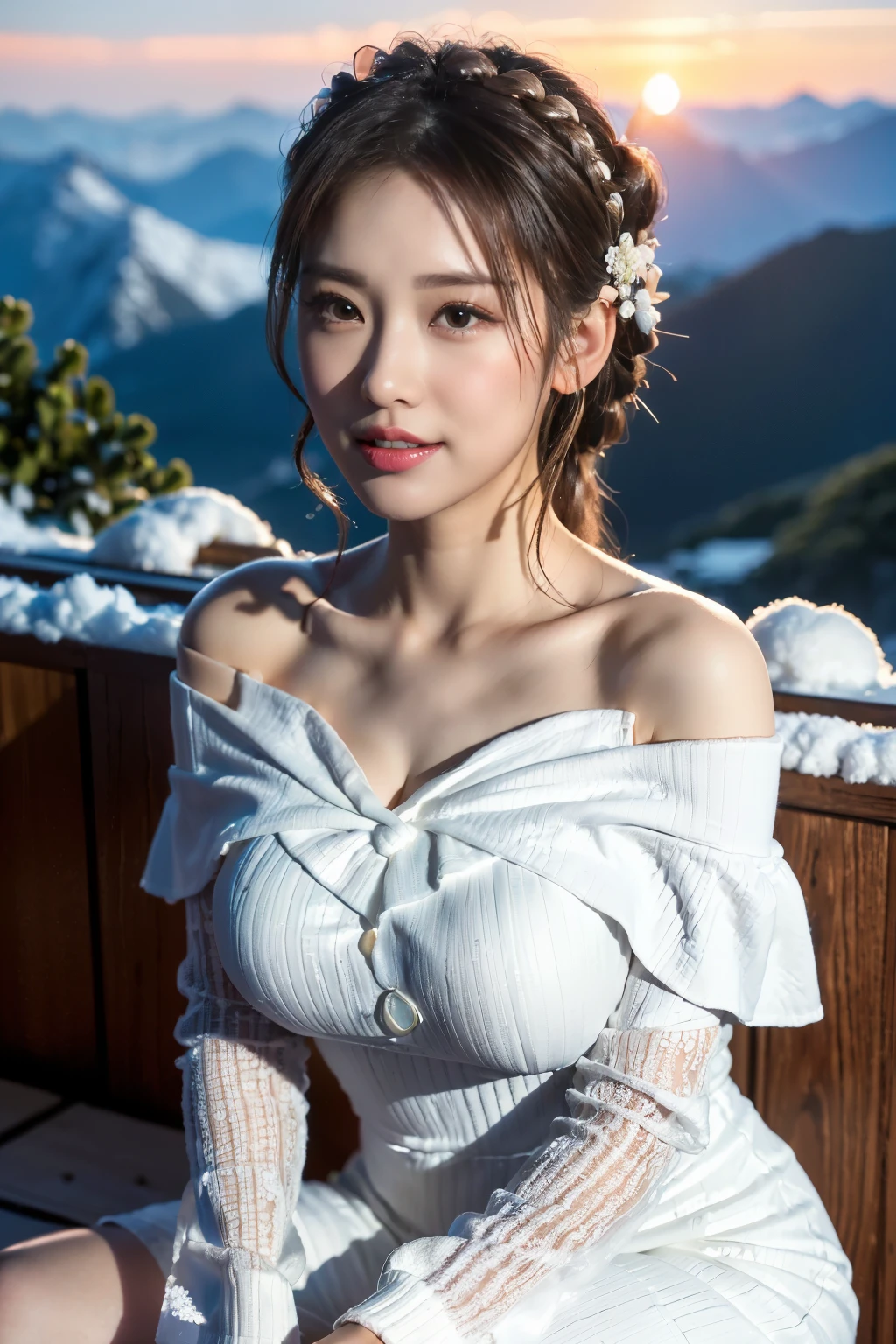 ,(3D Realistic Photography:1.3),(Make your subject look three-dimensional with the contrast of light and shadow),(((With the sunset in the background))),(((Winter snowy mountain climbing scenery:1.3))),cute and beautiful adult woman,cute round face,cute smile,with blushing cheeks,red lips,(((Off-white off-shoulder tight knit dress:1.3))),black stockings,knit hat,Knee-high boots,gloves,(silvery hair,floral braided headband,half up、floral braided space bun,voluminous fishtail braid,Twisted pan,),(The bangs are see-through bangs),hairpin,hair ornaments,(((emphasize the chest:1.3))),Breast flick,Detailed clothing characteristics,Detailed characteristics of hair,detailed facial features,(dynamic angle),(dynamic and sexy pose),professional lighting,cinematic light,(table top,highest quality,Ultra high resolution output image,) ,(8K quality,Depth of the bounds written,Anatomically accurate facial structure,),(sea art 2 mode:1.3),(Image mode Ultra HD,)