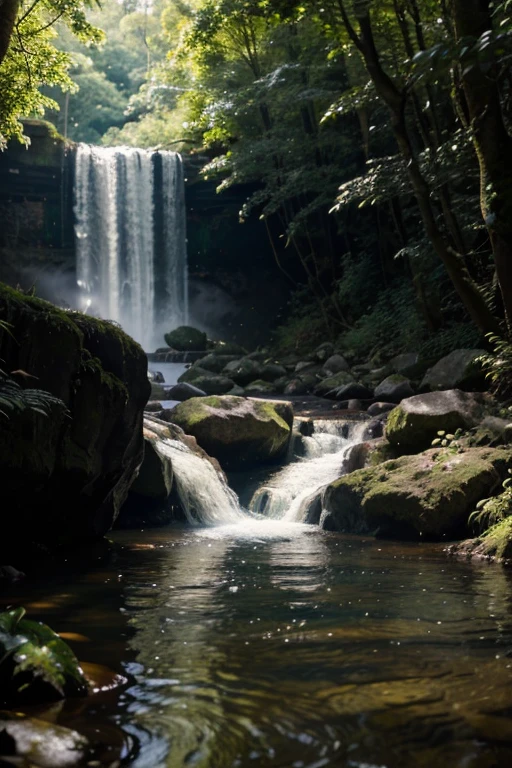 Create an image of a waterfall set in a dense forest, with deciduous trees and ferns surrounding the cascade. The waterfall should be composed of several levels, with waterfalls flowing into natural pools. The surrounding trees and plants should be detailed and realistic, with vivid textures and colors. Light should be subdued, with sunlight streaming through the trees. The waterfall should be the centerpiece of the image, with a perspective that emphasizes its beauty and majesty. Image resolution should be at least 3000 x 2000 pixels, for optimum image quality. Use advanced rendering techniques to achieve a photorealistic image, with shadows, reflections and lighting effects that make the image even more convincing.