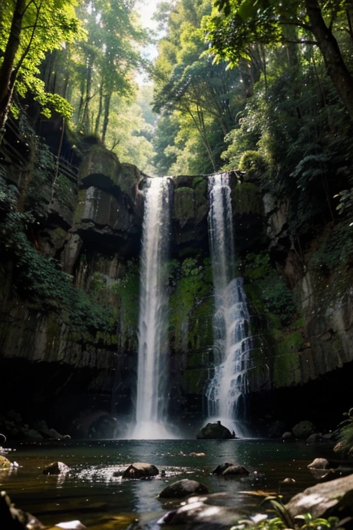 Create an image of a waterfall set in a dense forest, with deciduous trees and ferns surrounding the cascade. The waterfall should be composed of several levels, with waterfalls flowing into natural pools. The surrounding trees and plants should be detailed and realistic, with vivid textures and colors. Light should be subdued, with sunlight streaming through the trees. The waterfall should be the centerpiece of the image, with a perspective that emphasizes its beauty and majesty. Image resolution should be at least 3000 x 2000 pixels, for optimum image quality. Use advanced rendering techniques to achieve a photorealistic image, with shadows, reflections and lighting effects that make the image even more convincing.