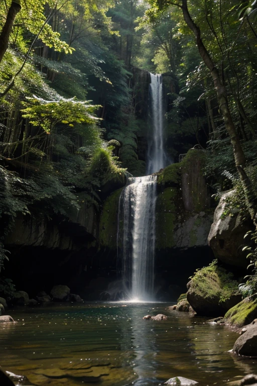 Create an image of a waterfall set in a dense forest, with deciduous trees and ferns surrounding the cascade. The waterfall should be composed of several levels, with waterfalls flowing into natural pools. The surrounding trees and plants should be detailed and realistic, with vivid textures and colors. Light should be subdued, with sunlight streaming through the trees. The waterfall should be the centerpiece of the image, with a perspective that emphasizes its beauty and majesty. Image resolution should be at least 3000 x 2000 pixels, for optimum image quality. Use advanced rendering techniques to achieve a photorealistic image, with shadows, reflections and lighting effects that make the image even more convincing.