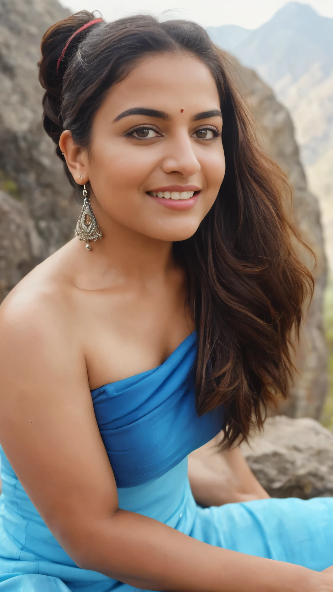 from bottom view, extreme close up photo of sexy Indian, big cheeks, hourglass figure, swooping breasts, doing push ups on mountains, ponytail, necklace, blue strapless dress, look at viewer and subtle smile, (cinematic:1.3), intricate details, (ArtStation:1.2)