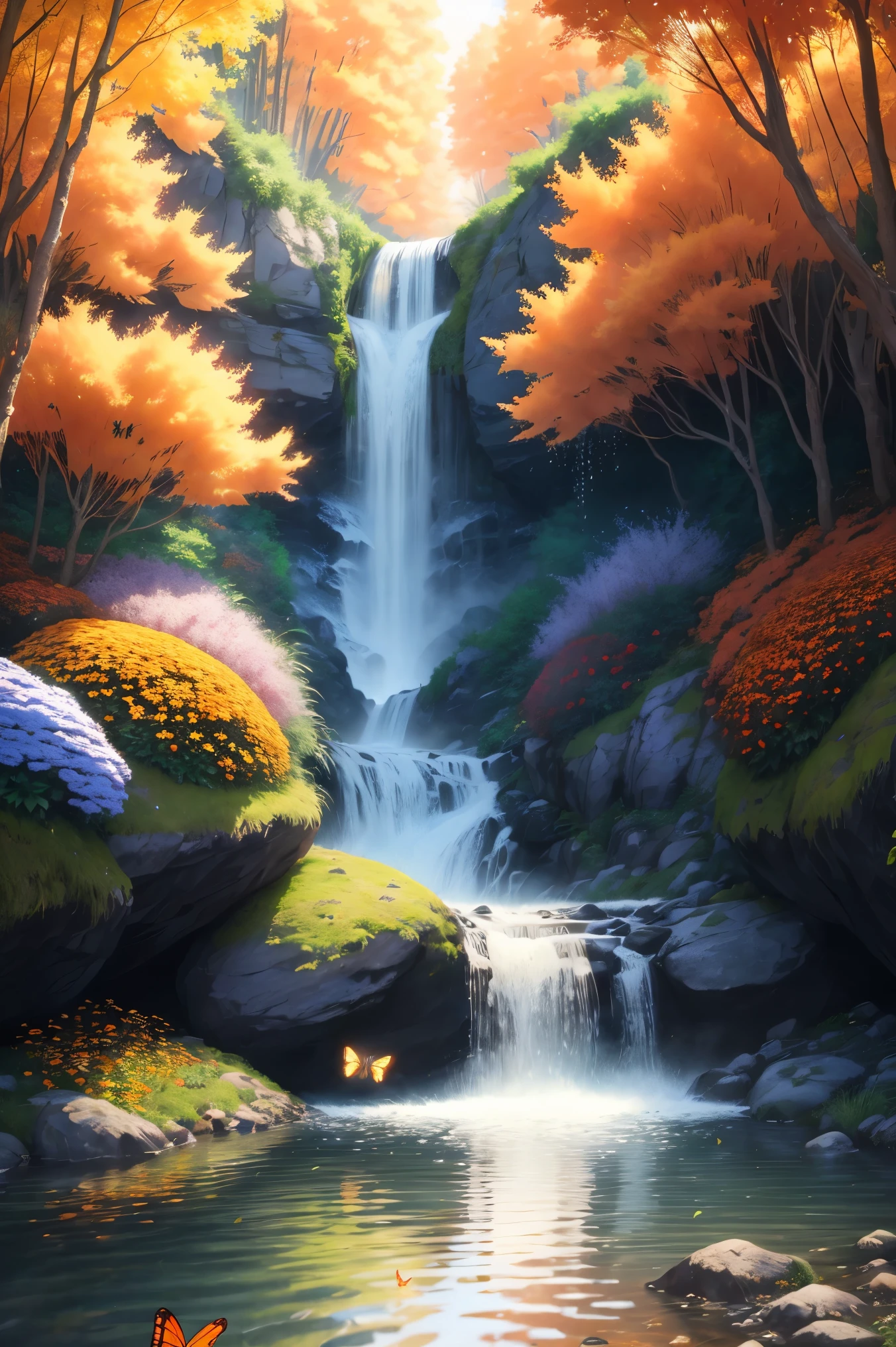 Beautiful majestic Fall flowing through dense vegetation, vibrant flowers, Butterfly dancing in the air, sparkling water splash, peaceful natural landscape ,Fall,flowing water,dense vegetation,vibrant flowers,Butterfly,peaceful scenery,best quality,4k,8k,high resolution,masterpiece:1.2,Super detailed,actual:1.37,high dynamic range,ultra high definition,studio lighting,extremely detailed description,professional,bright colors