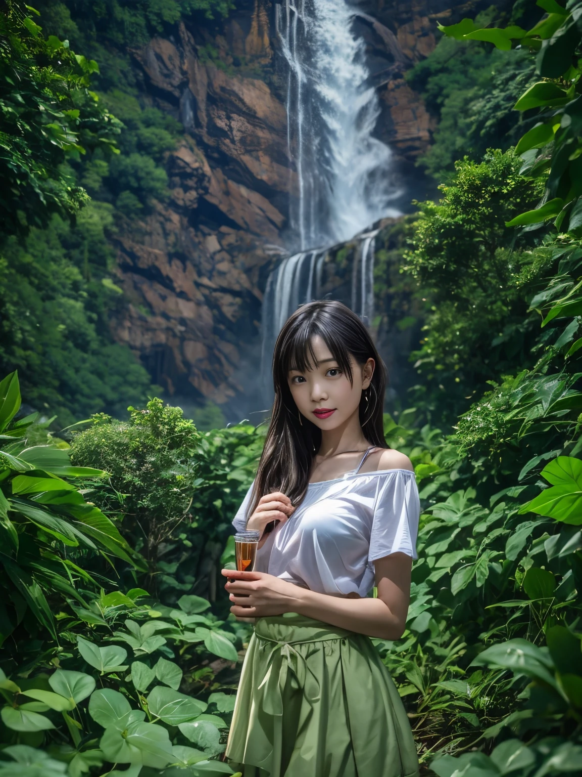 There is a woman in a skirt standing in front of the waterfall, Ren Iwakura, close up Ren Iwakura, Beside the waterfall, Shot with Canon EOS 5D, It&#39;s raining, eat and drink, fragrance, Shot with Canon EOS 5D, Shot with Canon eos 5d, Mayuri Shiina, Harumi