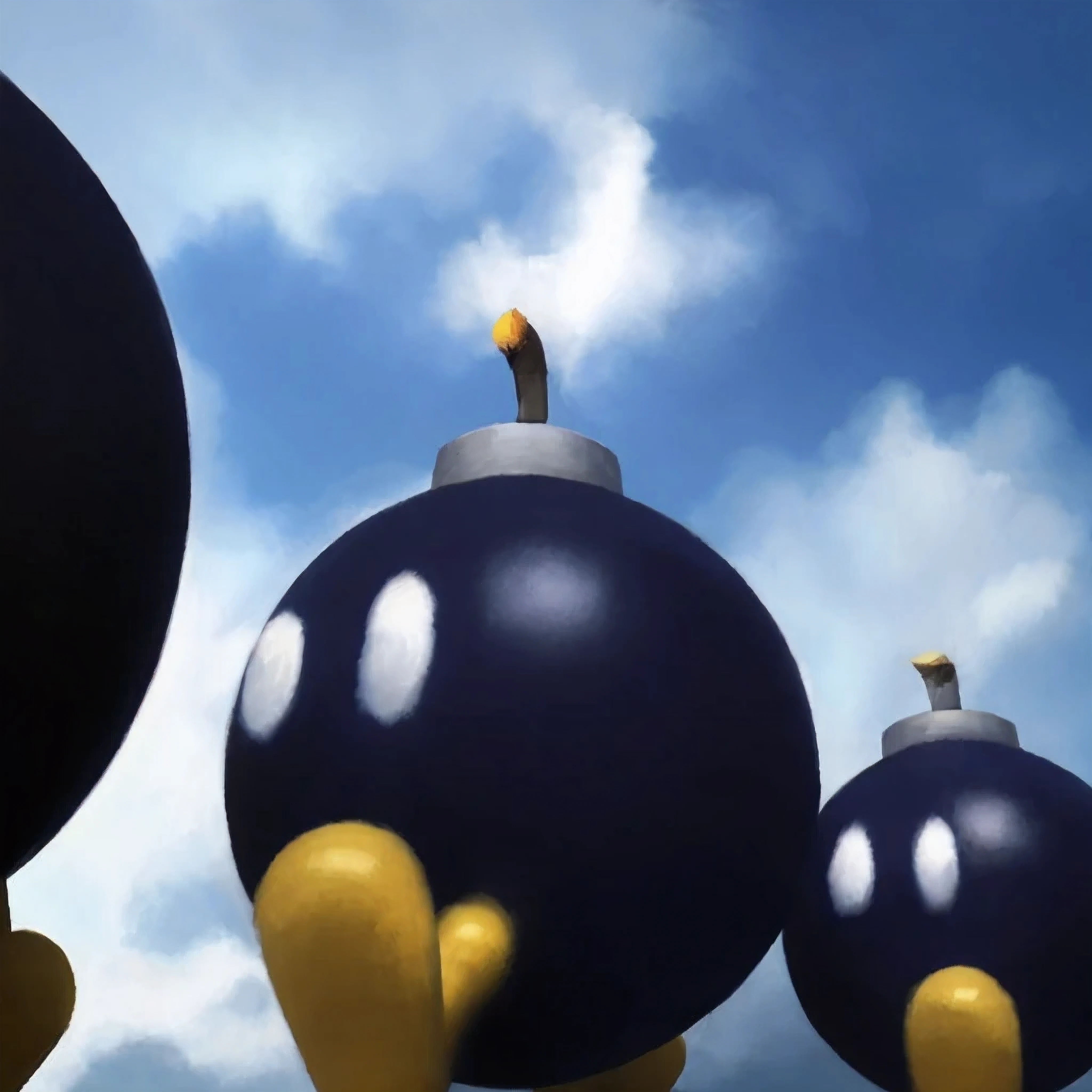 4k hdr, textured brush, high quality oil painting, masterpiece, vivid colours, three Bob-omb walking, white oval eyes, yellow gold feet, blue skies with white cloud, perfect perspective, dynamic shading