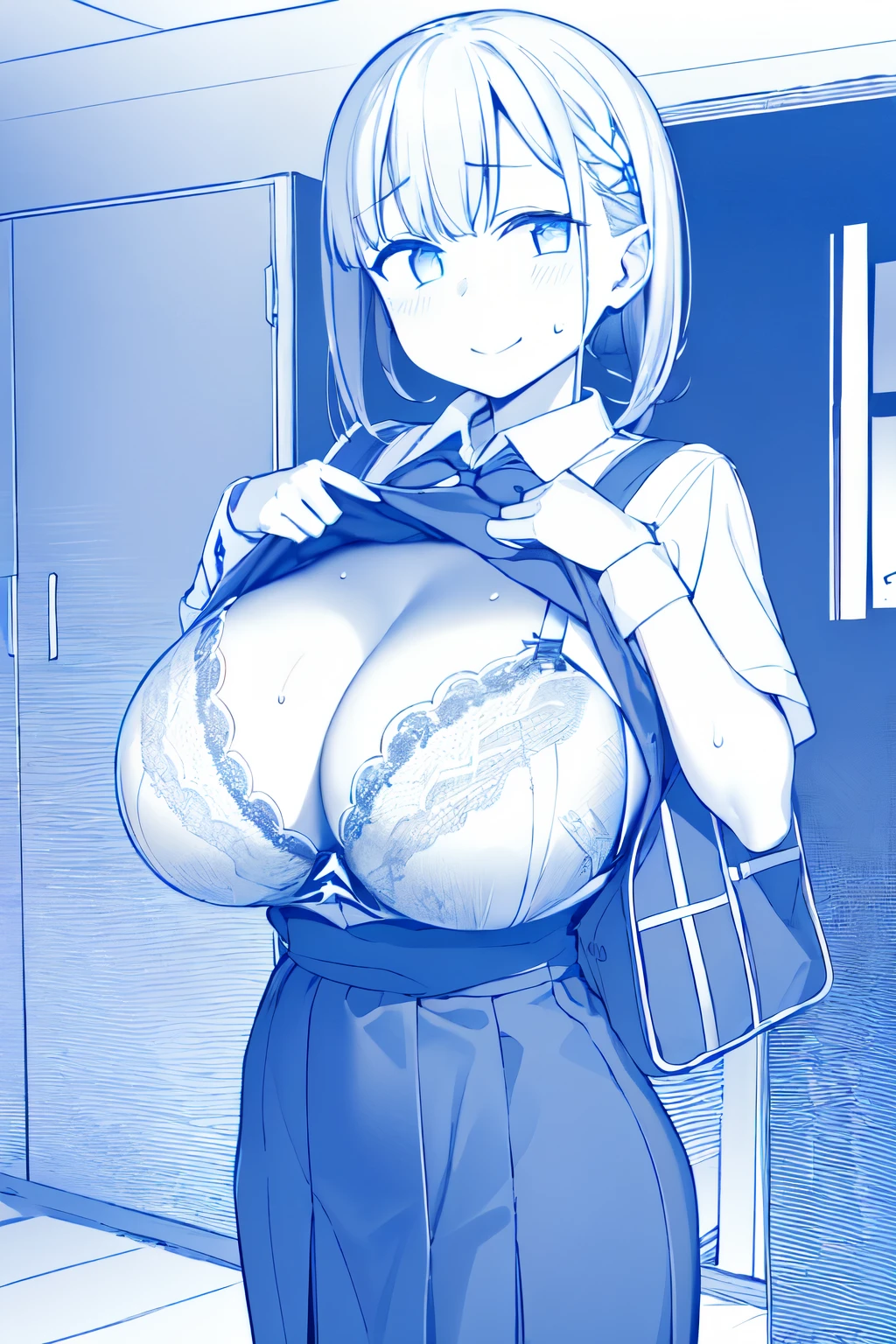 masterpiece, highest quality, (1 girl), (((chestの焦点))), ((cute eyes)), gloves, hair ornaments, school uniform, looking at the viewer, alone, chest, school uniform, turn to the side,put your hands behind your back and put your arms behind your back, school bag, evil smile,
(((monochrome))), blue line, 大きいchest, line drawing,((丸いchest)),sweat,(thin waist:1.4),(huge breast:1.2),(chestを強調する:1.5),Breast shaking,lure,(clothed bra),sweat,(bra:1.4),cleavage,(shirt lift),show off bra