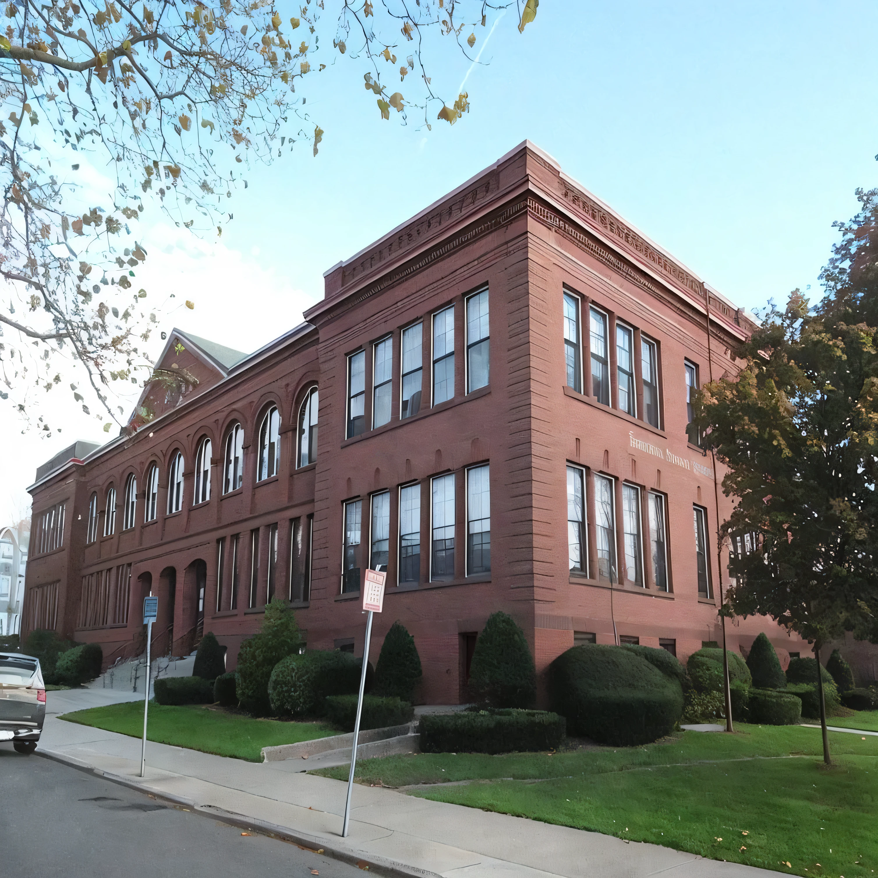 there is a red brick building with a sign on the sidewalk, northwest school, brick building, heidelberg school, american barbizon school, vancouver school, high school, barbizon school, tosa school, building facing, by Loren Munk, craigville, private school, modern technology building, detailed zoom photo, old building, american school, masonic lodge