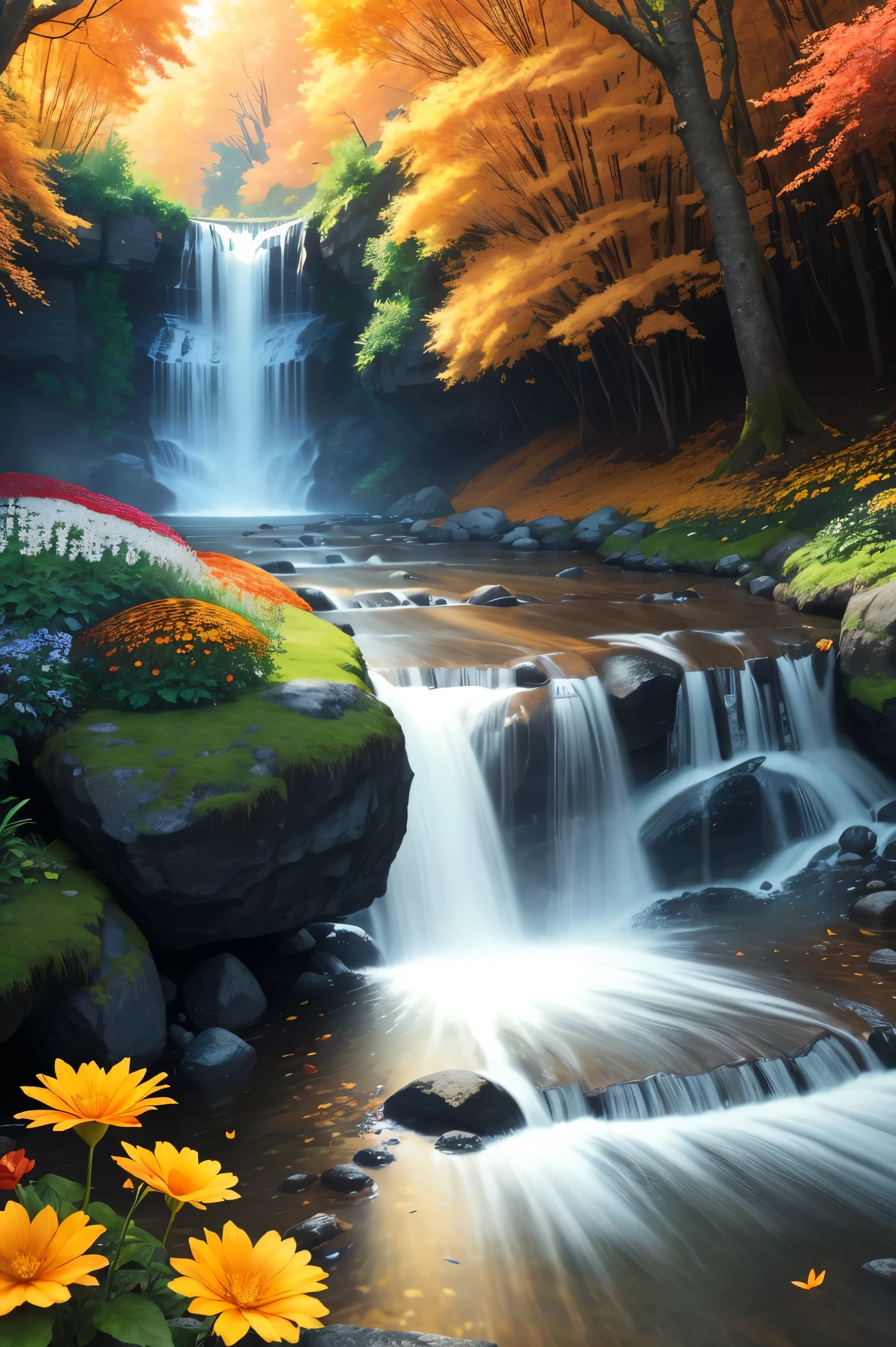 Beautiful majestic Fall flowing through dense vegetation, vibrant flowers, Butterfly dancing in the air, sparkling water splash, peaceful natural landscape ,Fall,flowing water,dense vegetation,vibrant flowers,Butterfly,peaceful scenery,best quality,4k,8k,high resolution,masterpiece:1.2,Super detailed,actual:1.37,high dynamic range,ultra high definition,studio lighting,extremely detailed description,professional,bright colors
