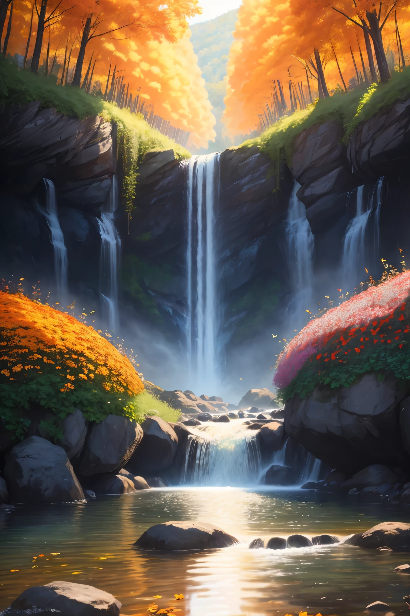 Beautiful majestic Fall flowing through dense vegetation, vibrant flowers, Butterfly dancing in the air, sparkling water splash, peaceful natural landscape ,Fall,flowing water,dense vegetation,vibrant flowers,Butterfly,peaceful scenery,best quality,4k,8k,high resolution,masterpiece:1.2,Super detailed,actual:1.37,high dynamic range,ultra high definition,studio lighting,extremely detailed description,professional,bright colors